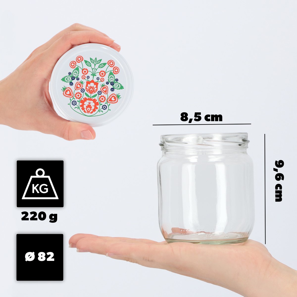 Słoiki na przetwory Salla 425ml 24szt fi 82 mm + wieczka "Folklor"