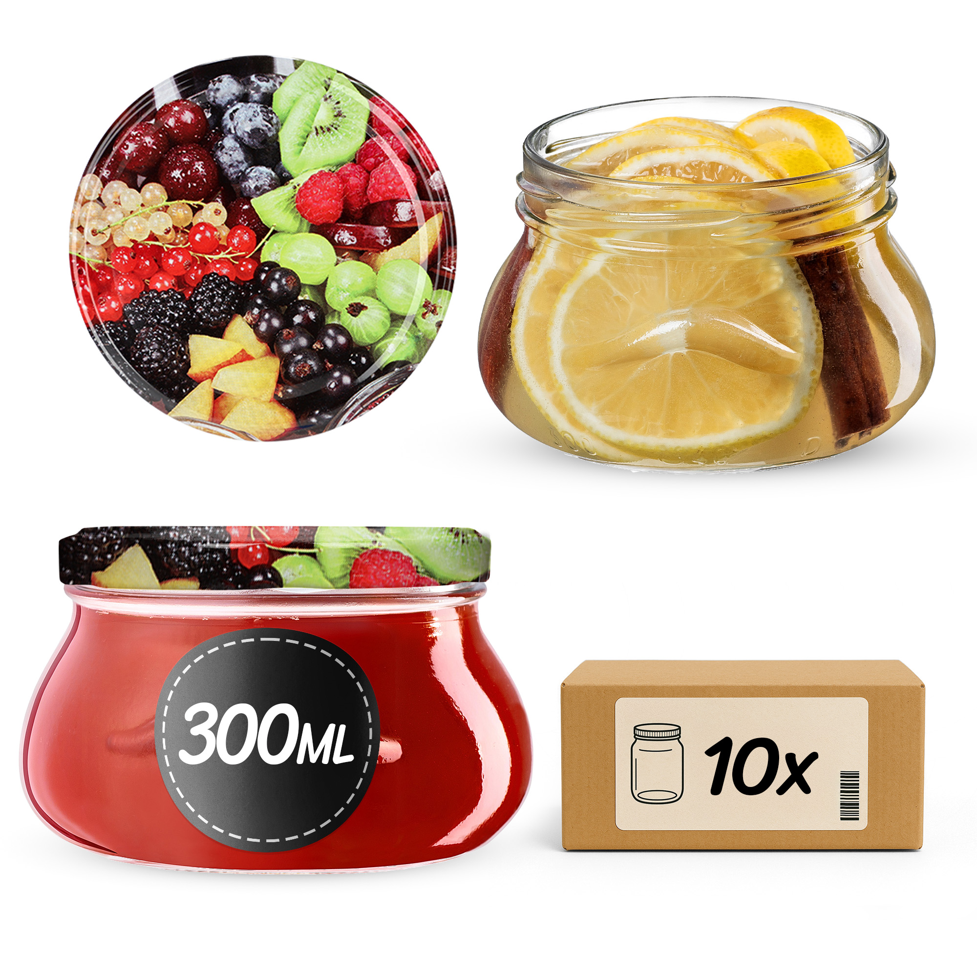 Słoiki na przetwory Raja 300ml 10szt fi 82 mm + wieczka "Owoce"