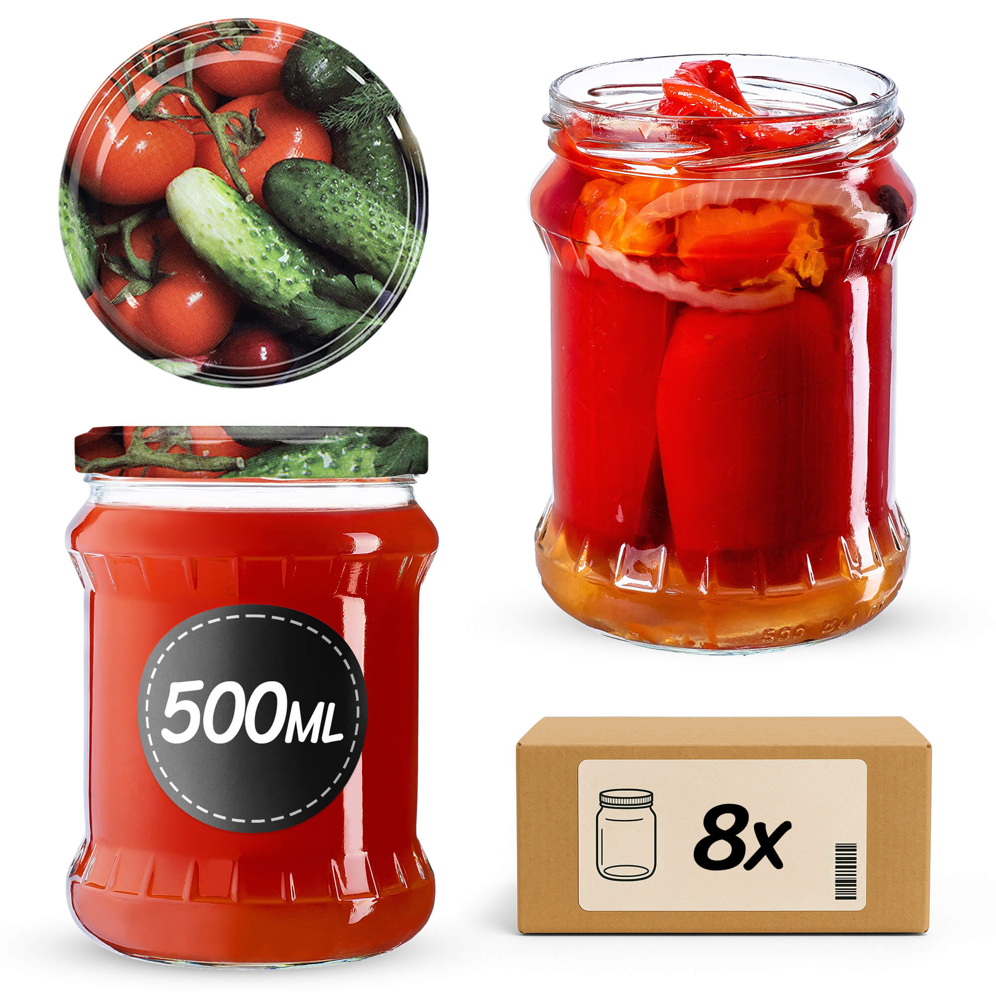 Słoiki na przetwory Kisko 500ml 8szt fi 82 mm + wieczka "Warzywa"