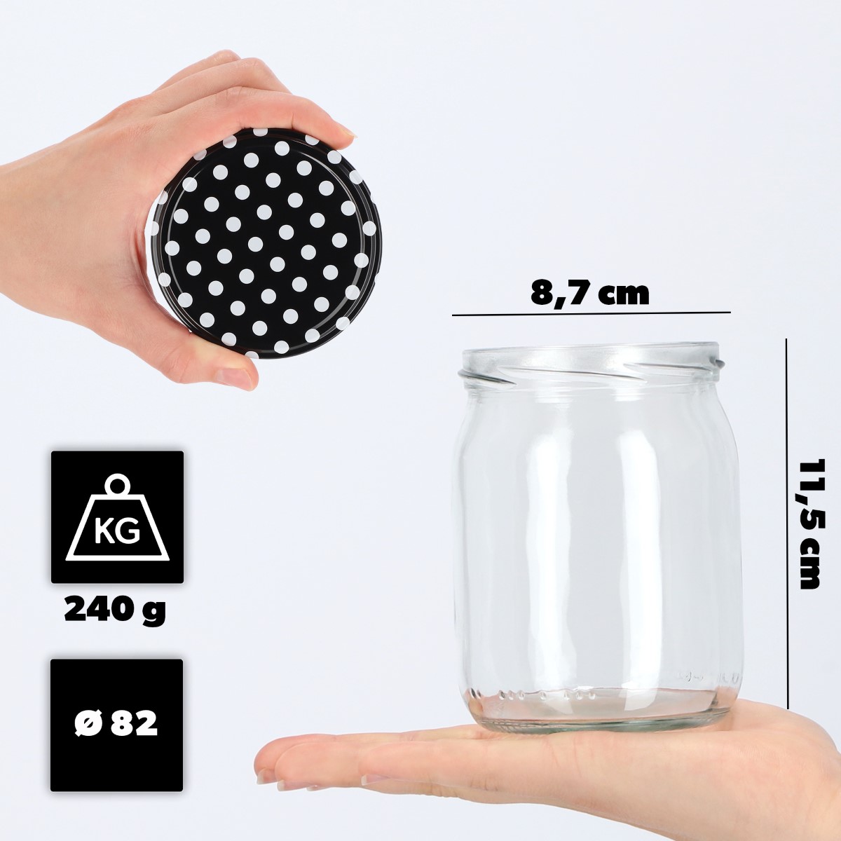 Słoiki Senna 540ml 16szt fi 82 mm + wieczka "Czarny groszek"