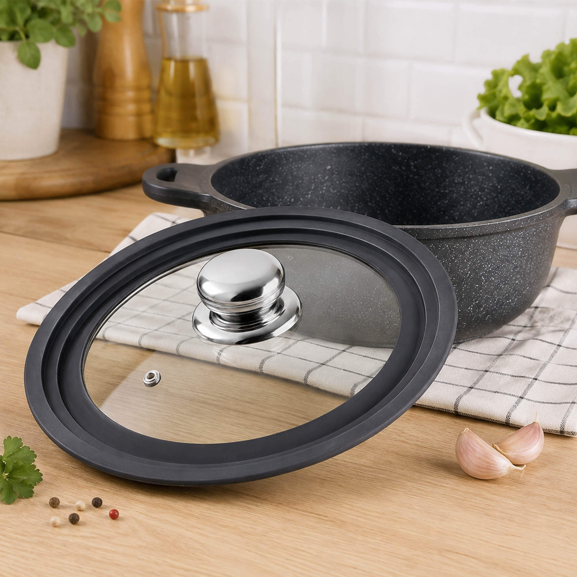 Pokrywa szklana multisize Aiola na garnek 16-20 cm z srebrnym okrągłym uchwytem