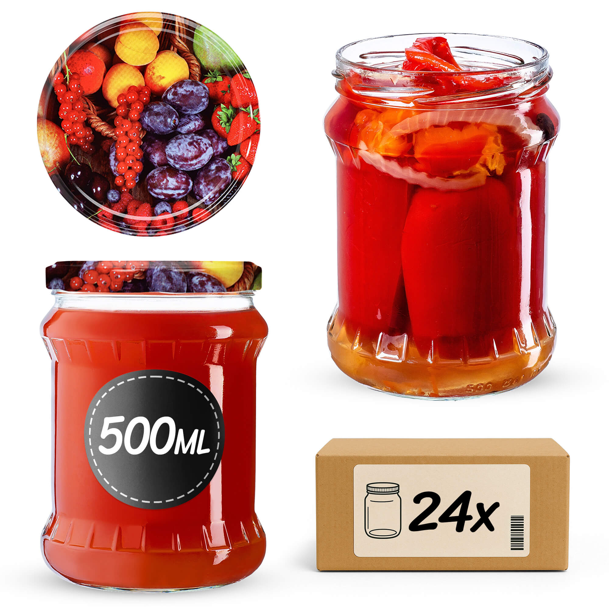 Słoiki na przetwory Kisko 500ml 24szt fi 82 mm + wieczka "Owoce"