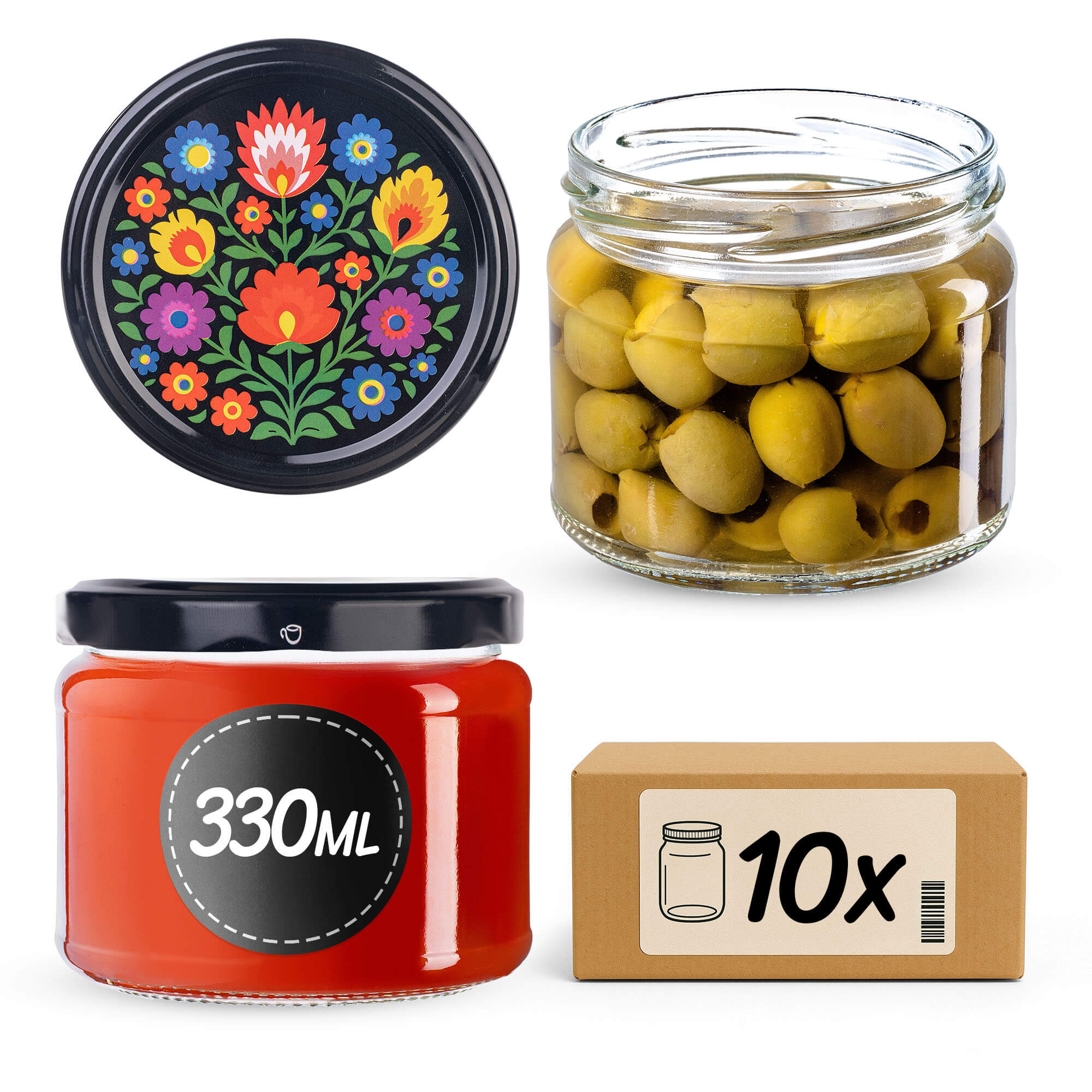 Słoiki na przetwory Sonka 330ml 10szt fi 82 mm + wieczka "Czarny folklor"