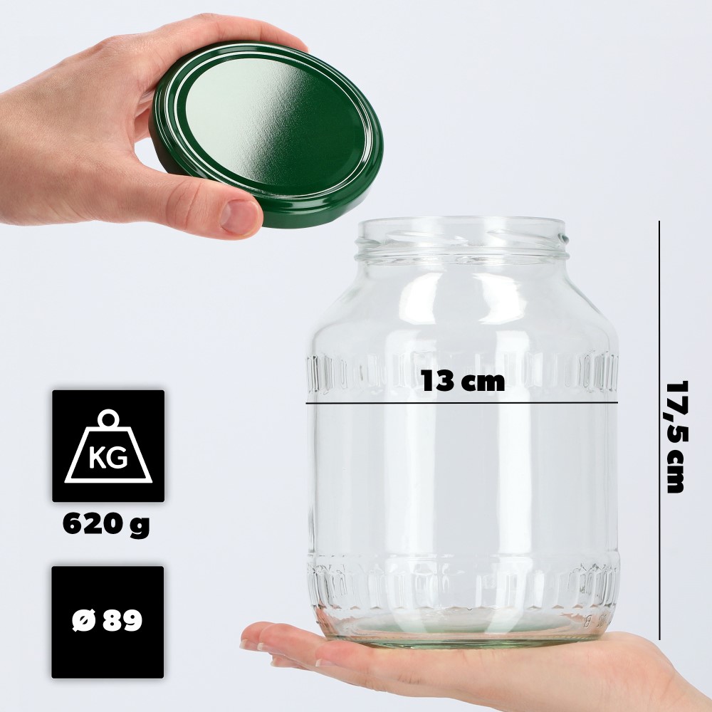 Szklany słój Boro 1,7L 89 mm + wieczko zielone 12szt