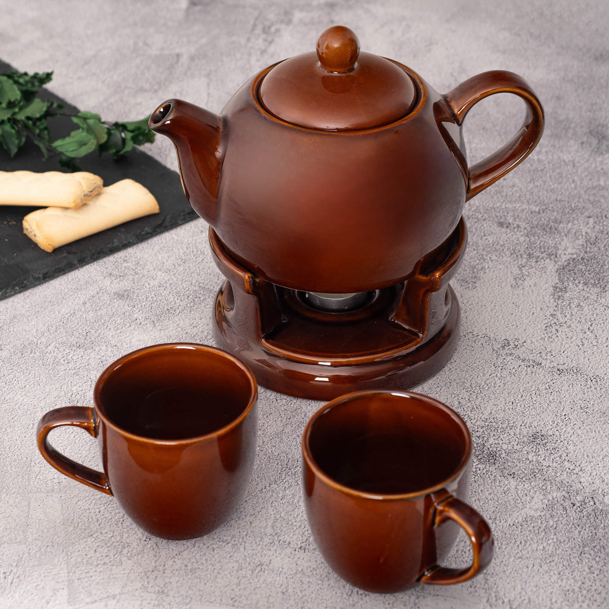 Dzbanek ceramiczny z podgrzewaczem Irais 1L + 2 kubki brązowy