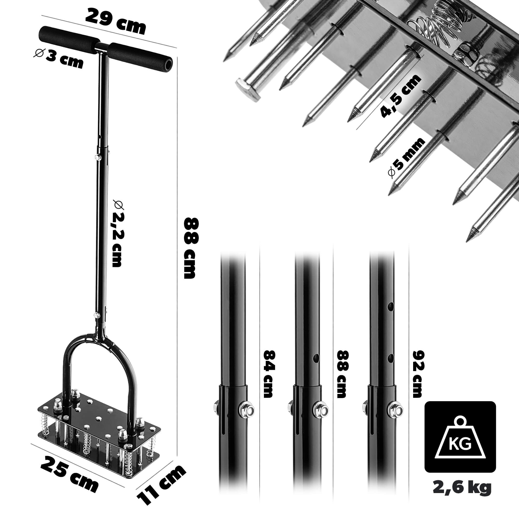 Aerator ręczny sprężynowy Arce z żelaznymi kolcami 84-92 cm czarny