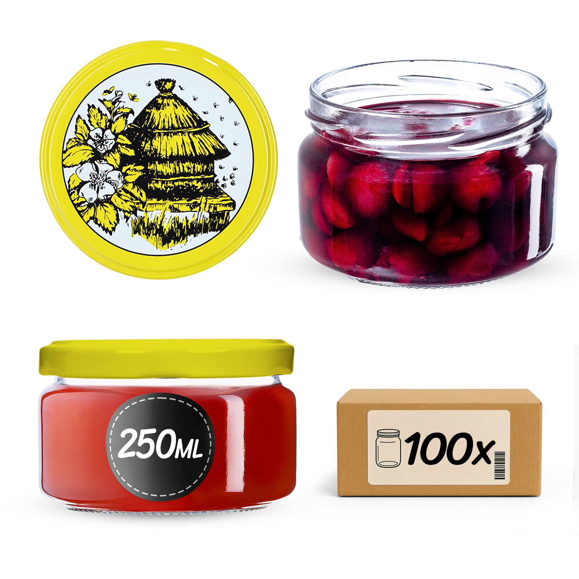 Słoiki na przetwory Denia 250ml 100szt fi 82 mm + wieczko "Pszczoły"