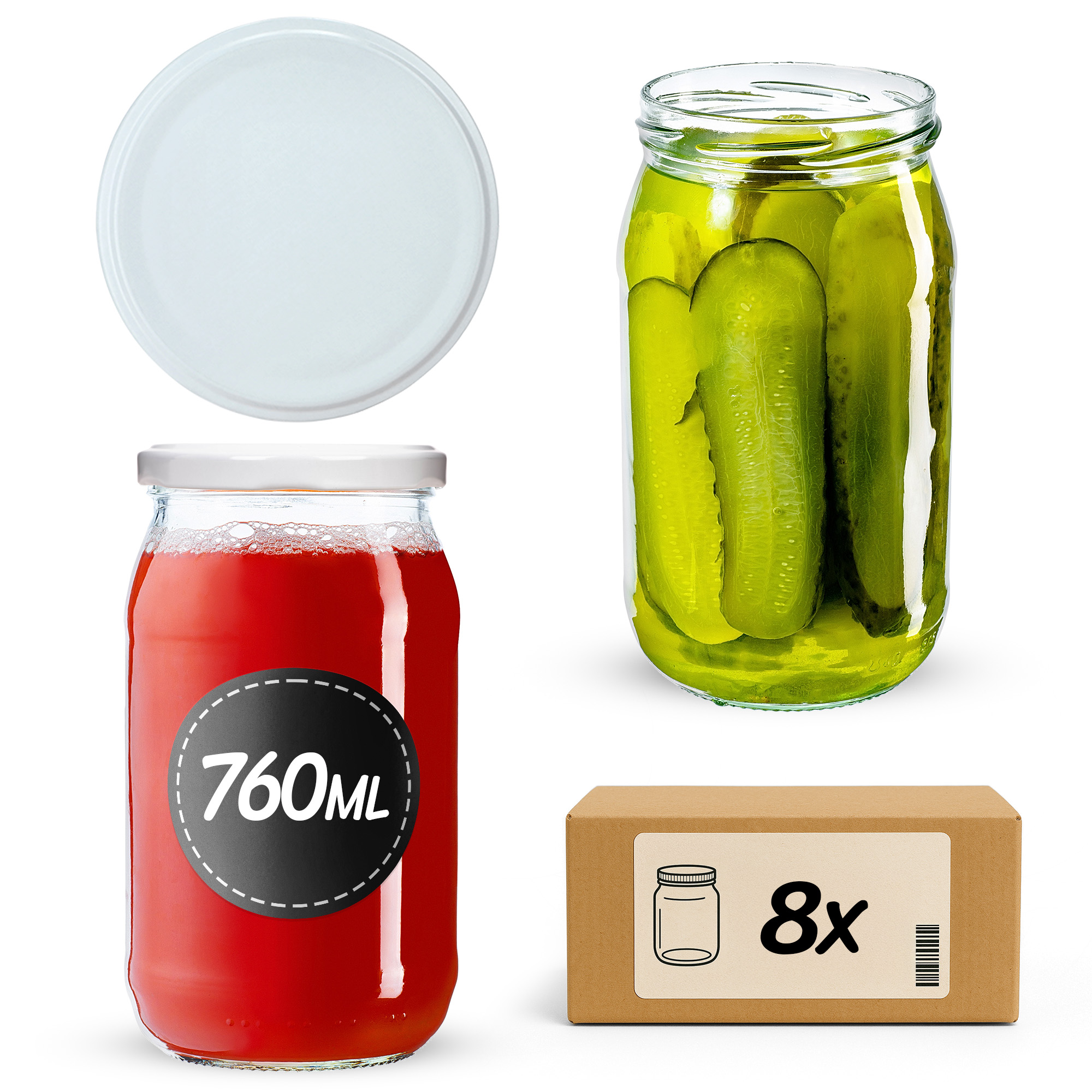 Słoiki na przetwory Niva 760ml 8szt fi 82 mm + wieczka białe