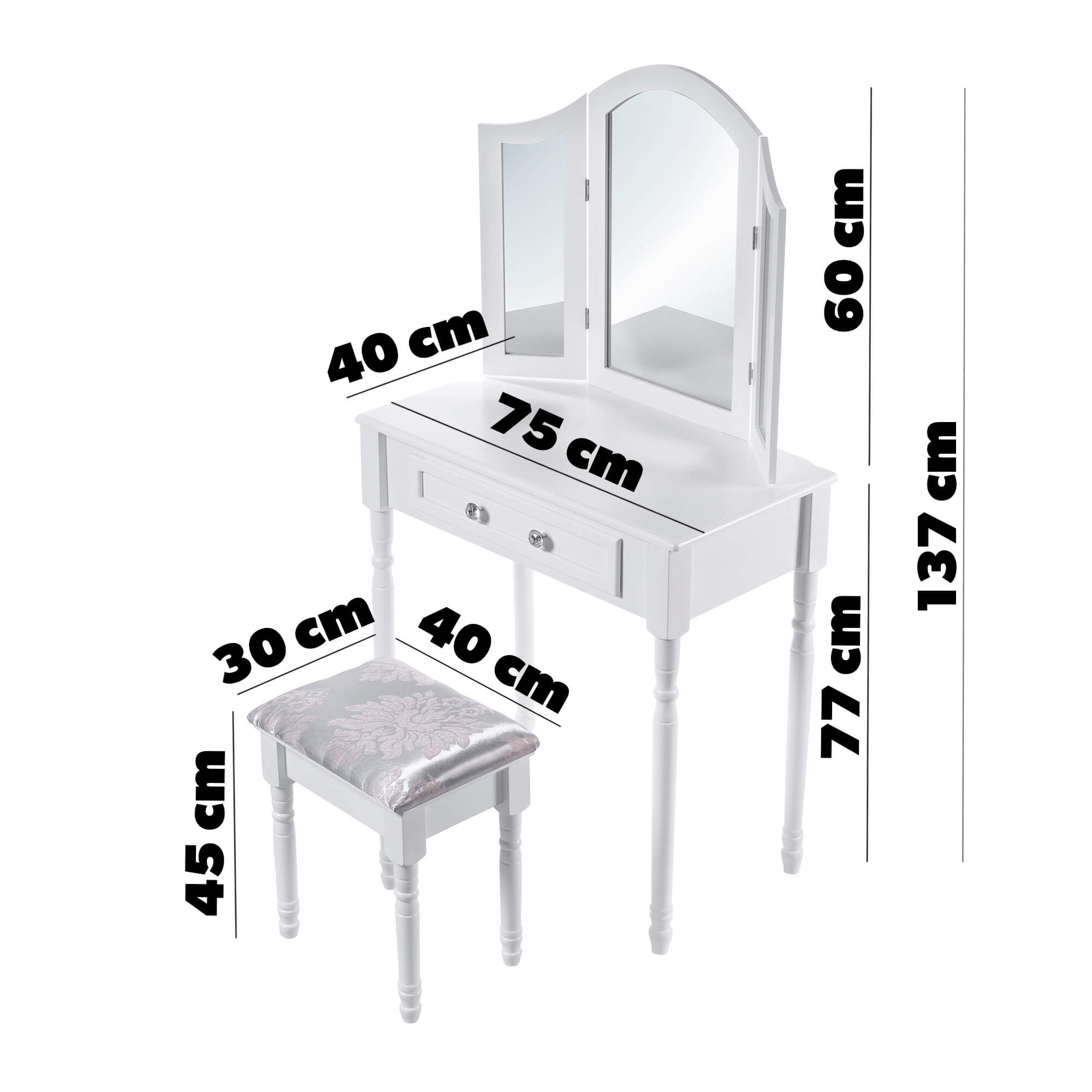 Toaletka kosmetyczna Carces z lustrem + taboret, biała
