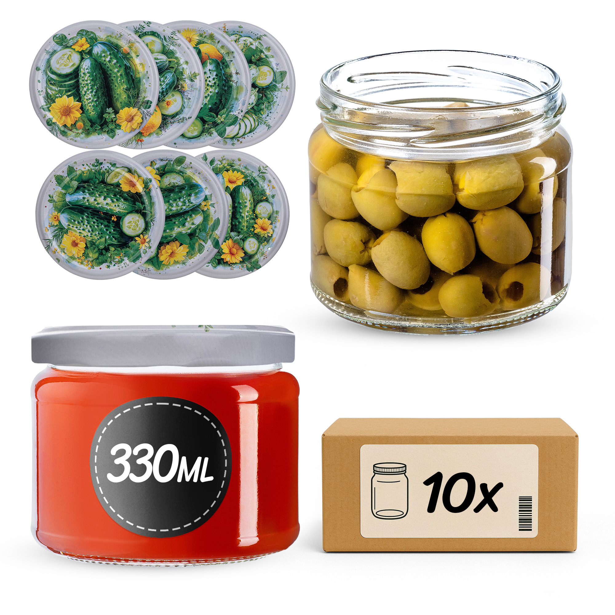 Słoiki na przetwory Sonka 330ml fi 82 mm 10szt + wieczko Kompozycja ogórkowa