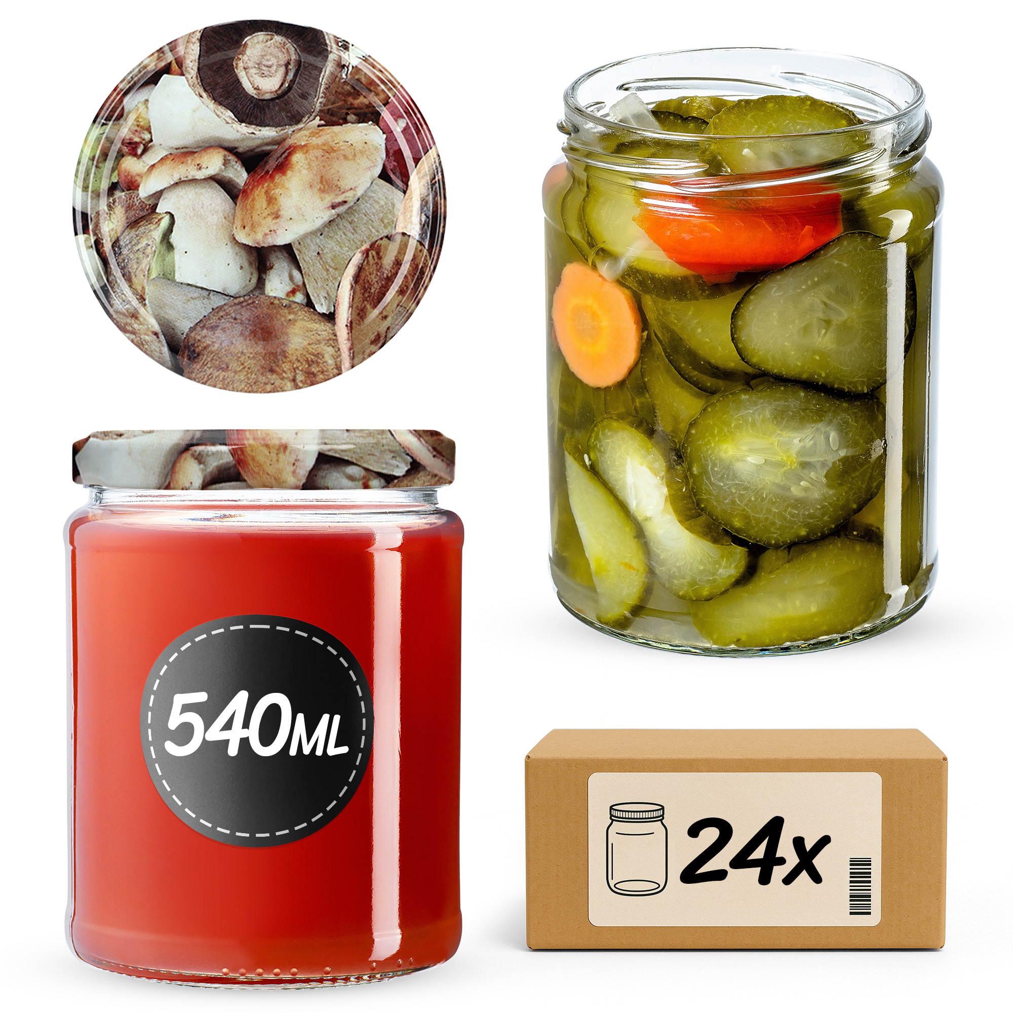Słoiki na przetwory Maki 540ml 24szt fi 82 mm + wieczka "Grzyby"