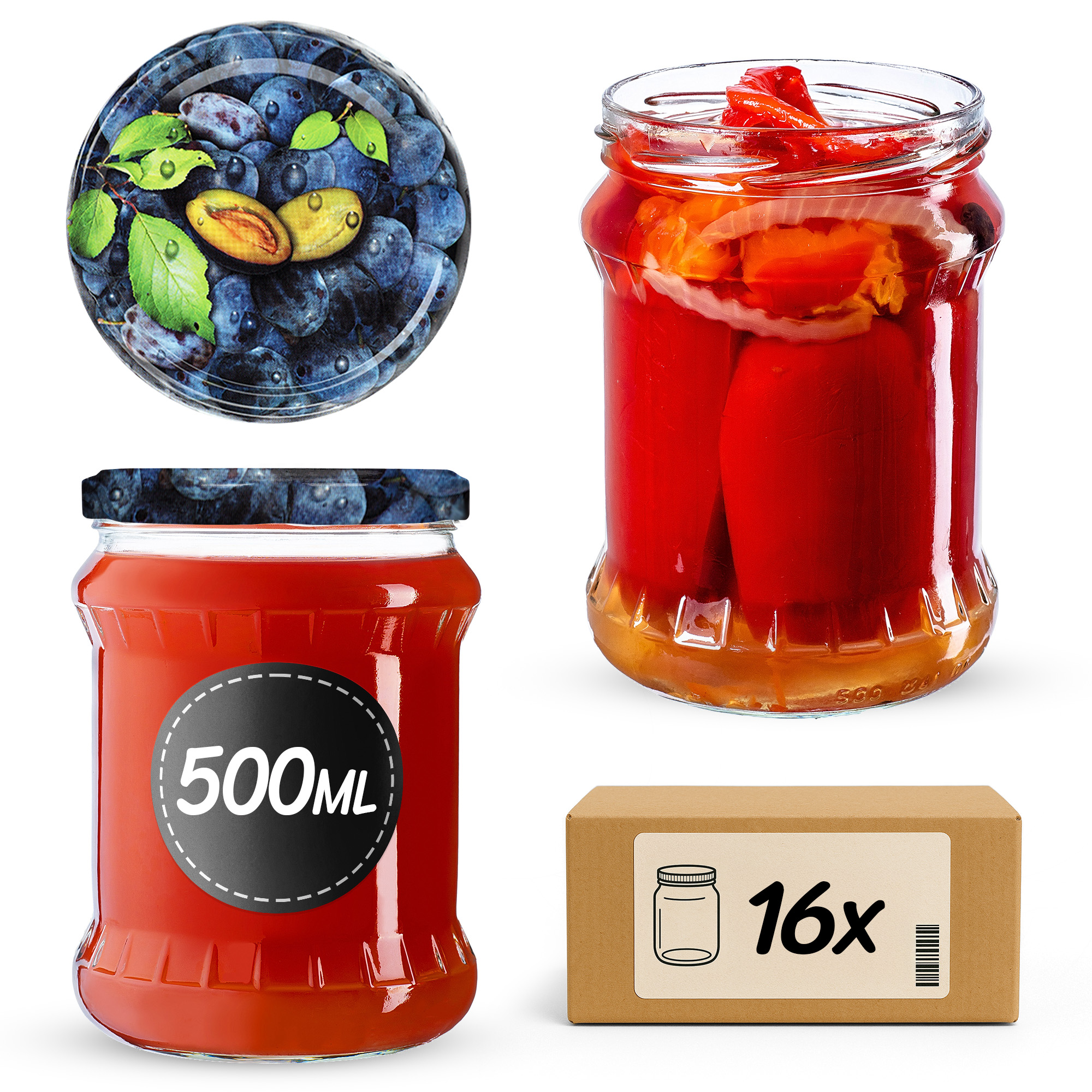 Słoiki na przetwory Kisko 500ml 16szt fi 82 mm + wieczka "Śliwki"