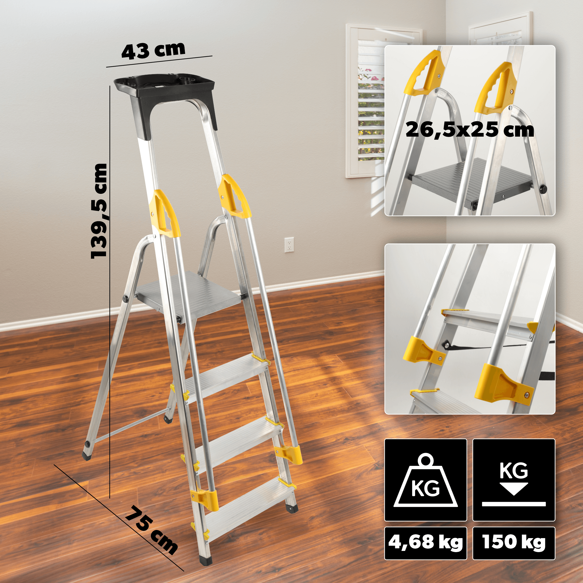 Drabina aluminiowa z podestem Bykle , 4 stopnie, 150 kg