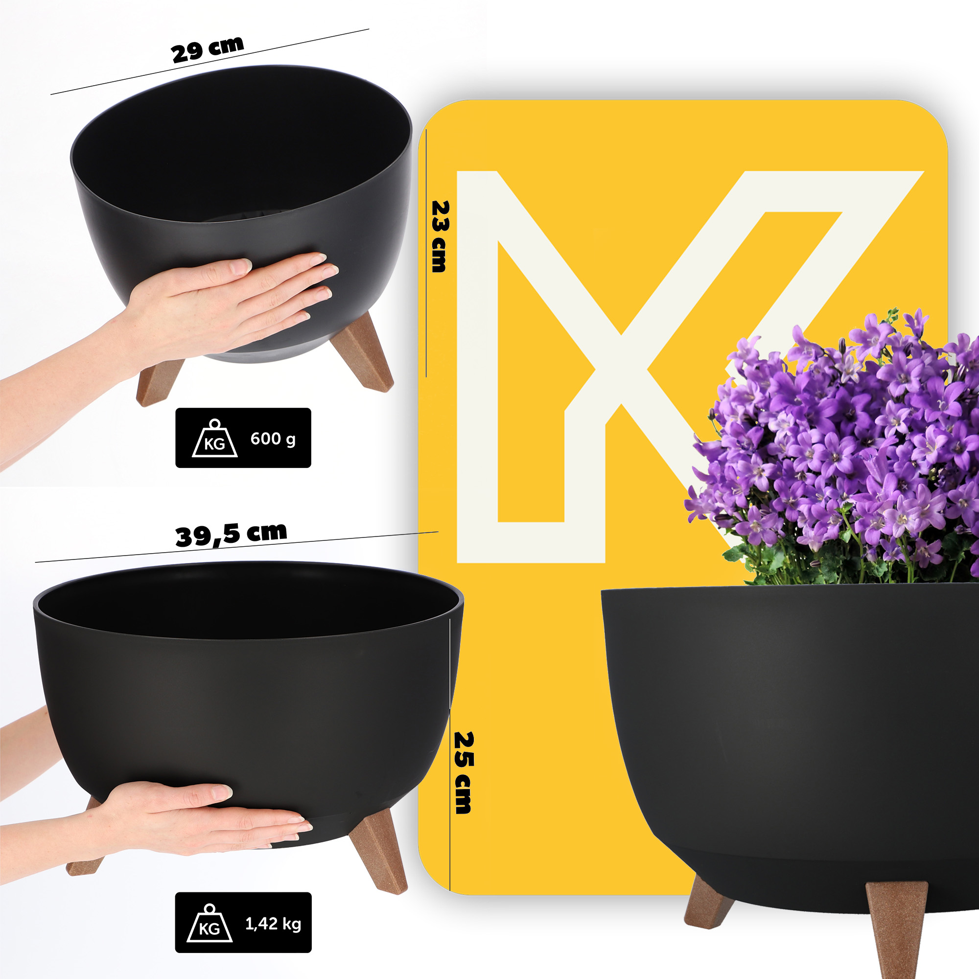 Misa na kwiaty z nóżkami czarna Luri 29 cm + 40 cm, 2 szt.
