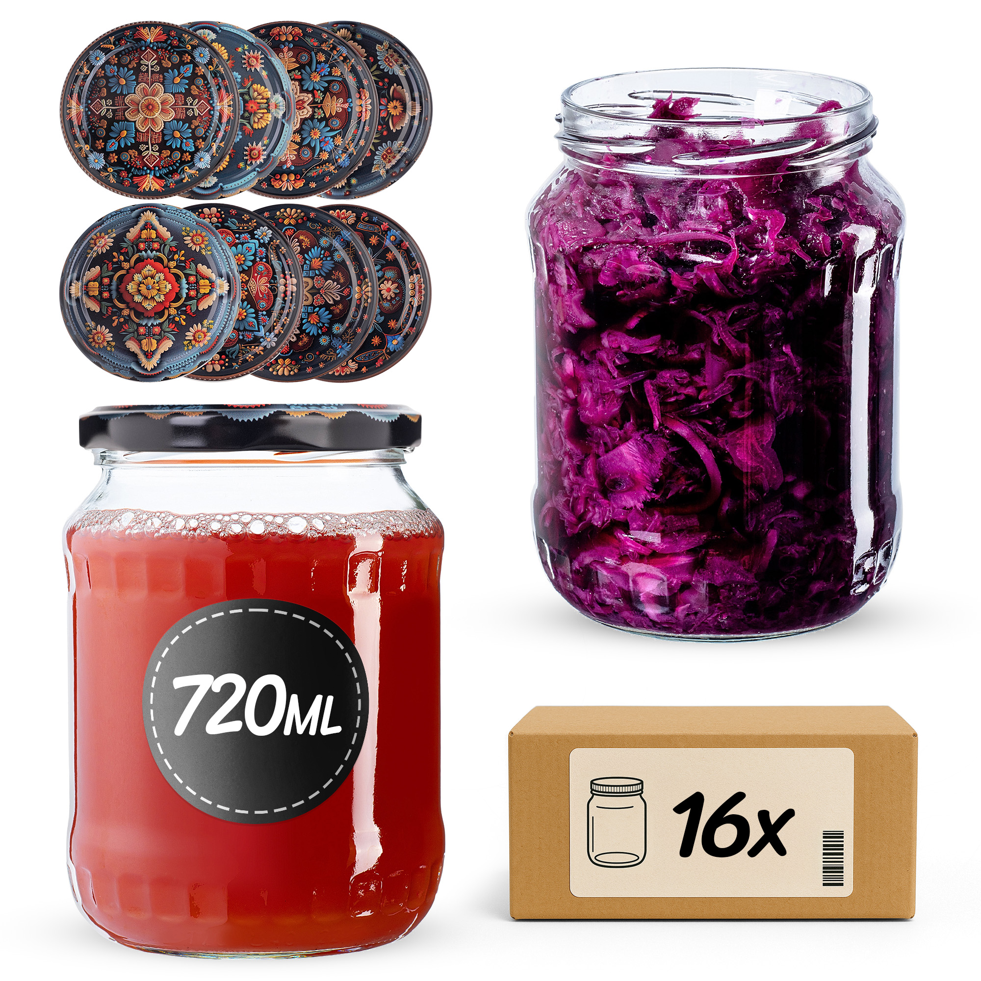 Słoiki na przetwory Jukka 720ml fi 82 mm 16szt + wieczko Haftowanka