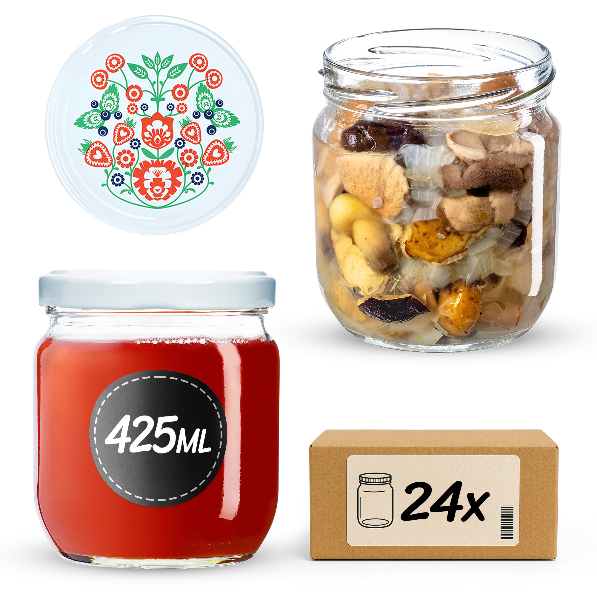 Słoiki na przetwory Salla 425ml 24szt fi 82 mm + wieczka "Folklor"