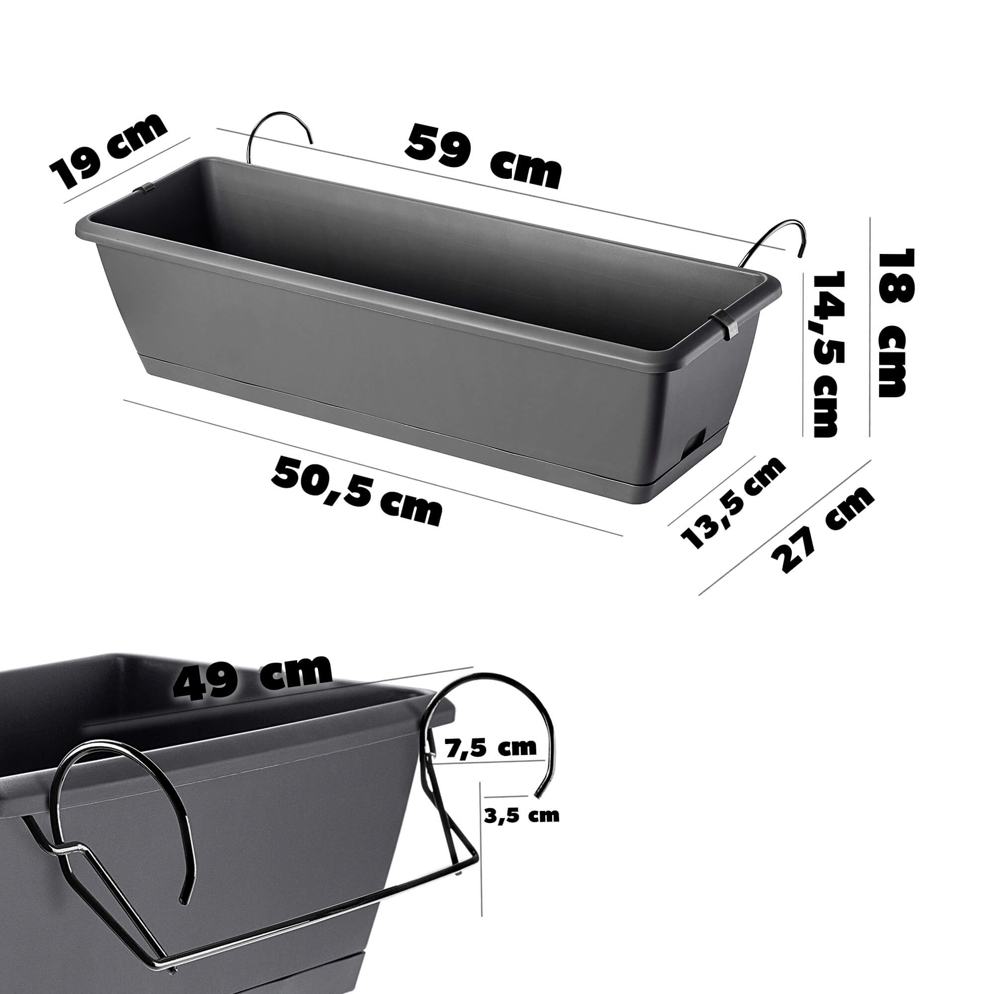 Skrzynka balkonowa Perama 60 cm z uchwytami, szara