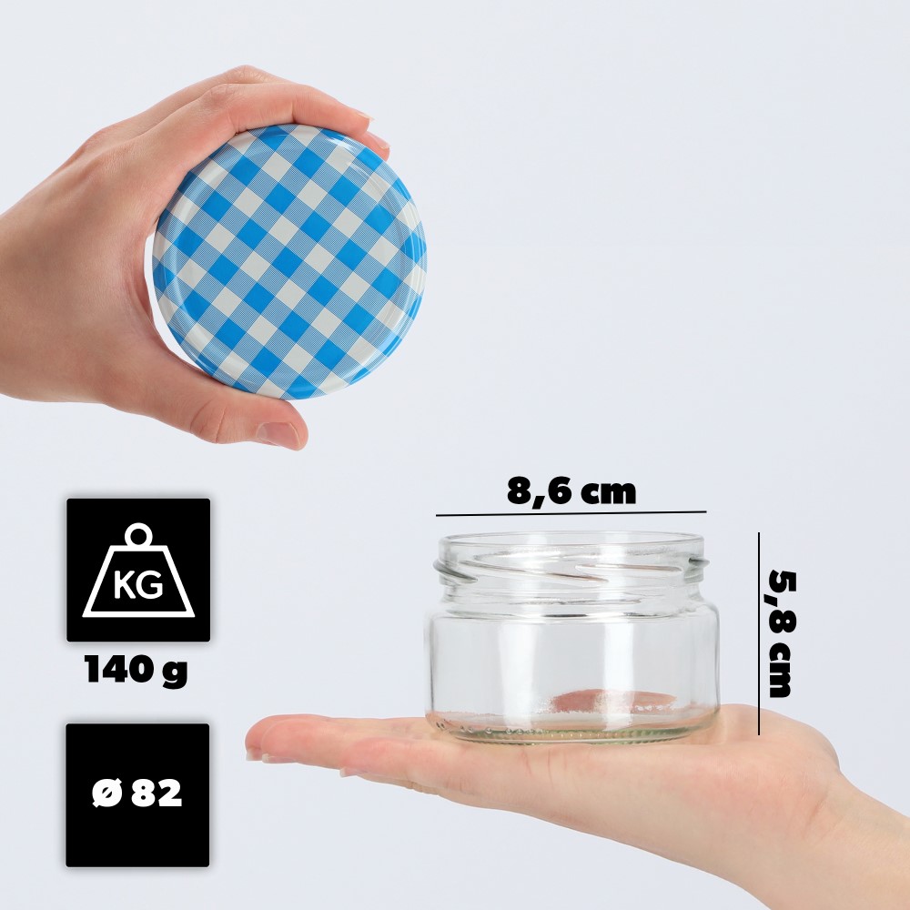 Słoiki na przetwory Denia 250ml 10szt fi 82 mm + wieczko "Niebieska Krata"