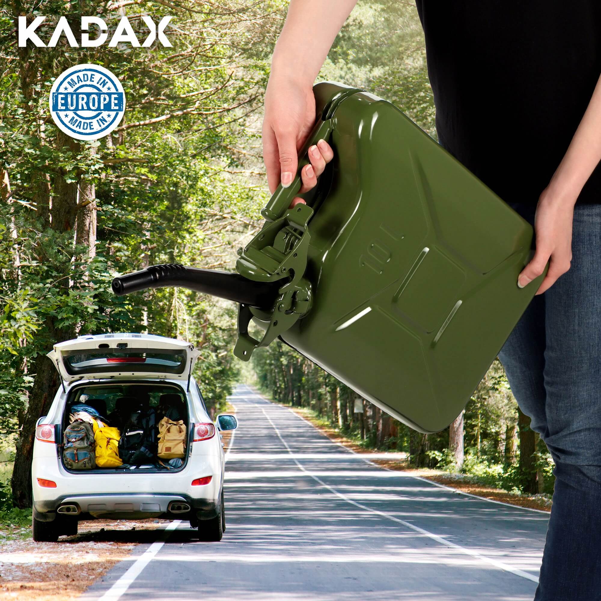 Kanister na paliwo stalowy 10L + lejek 25 cm, zielony