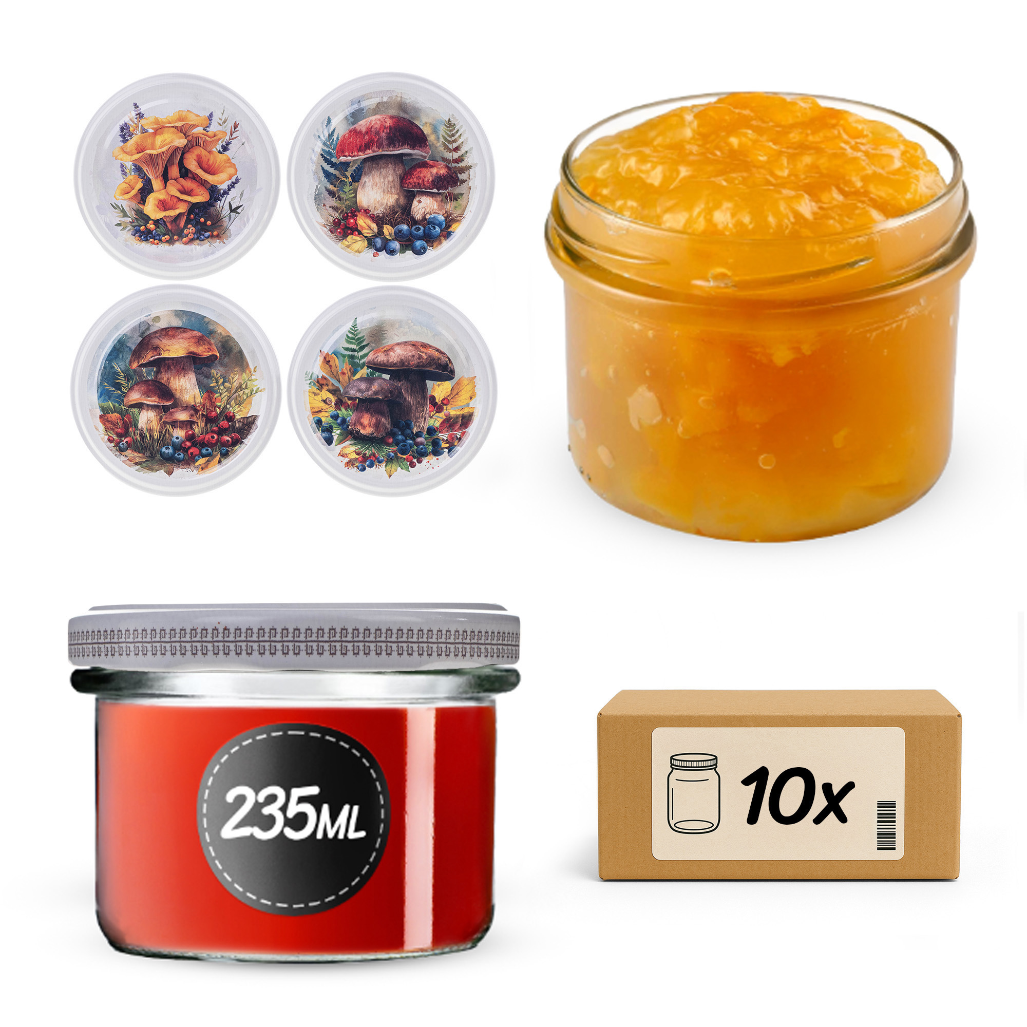Słoiki na przetwory Tartu 235ml fi 82 mm 10szt + wieczko Grzyb akwarela