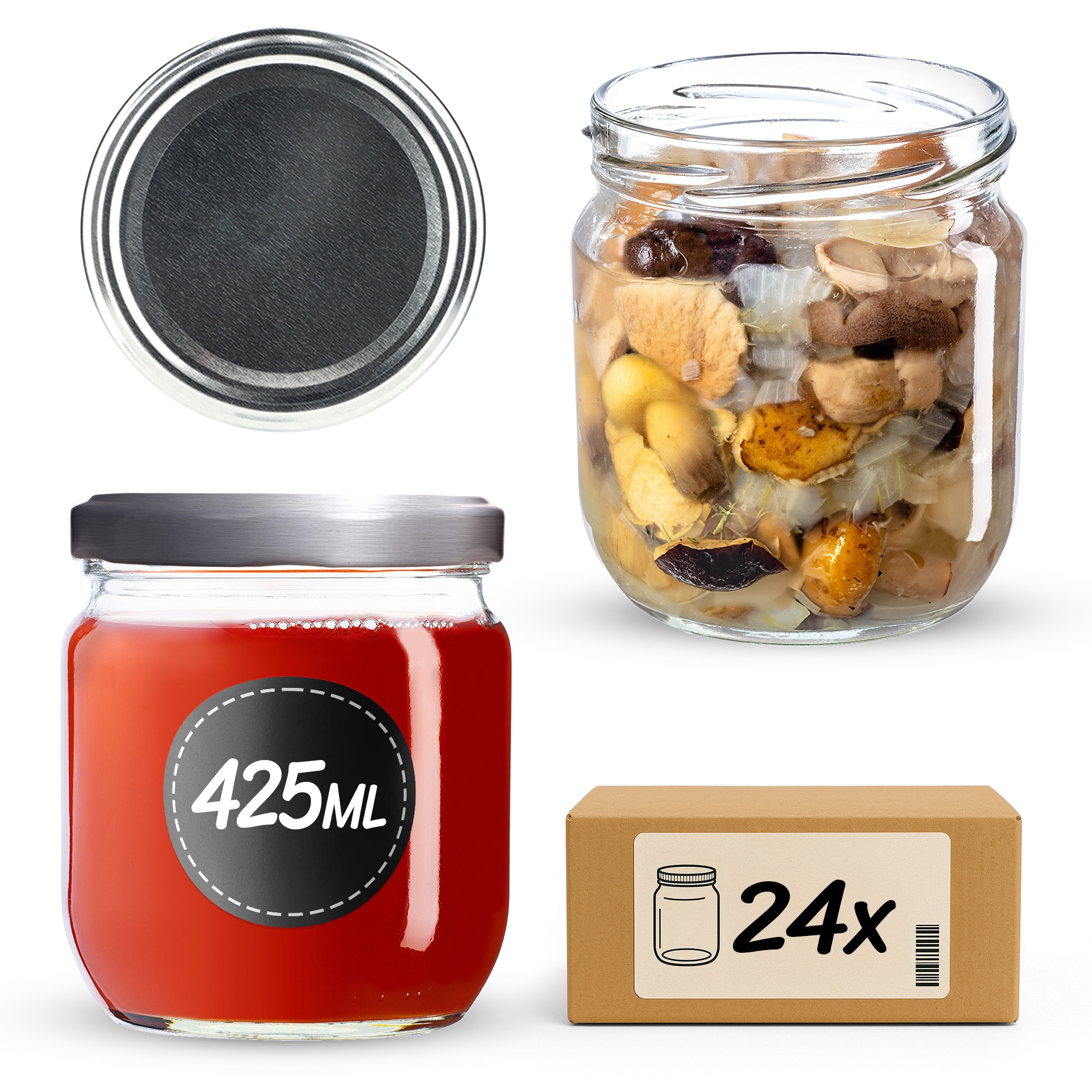 Słoiki na przetwory Salla 425ml 24szt fi 82 mm + wieczka srebrne