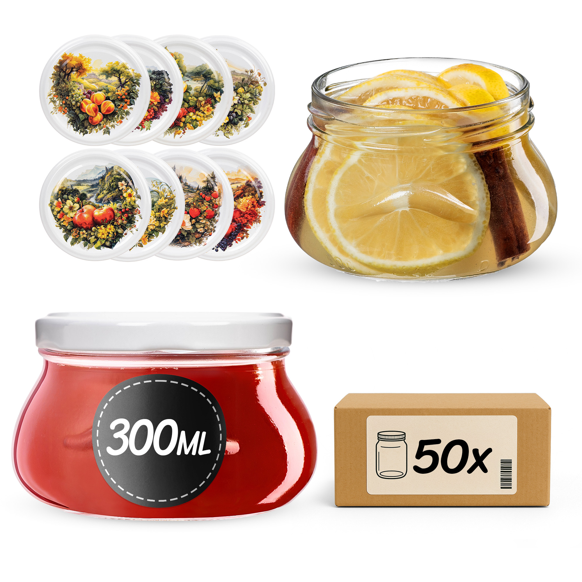 Słoiki na przetwory Raja 300ml fi 82 mm 50szt + wieczko Fruit heart