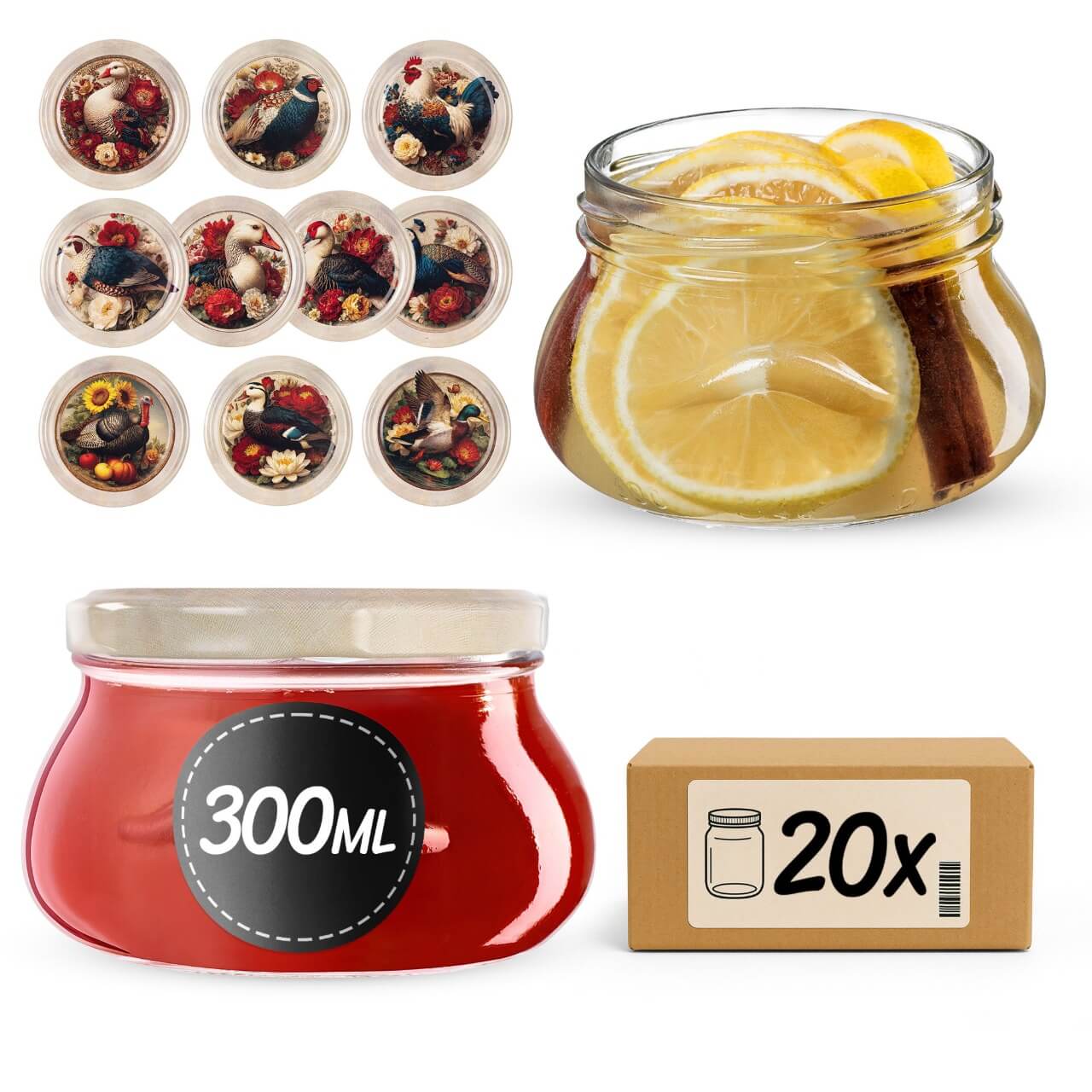 Słoiki na przetwory Raja 300ml 20szt fi 82 mm + wieczka "Drób"