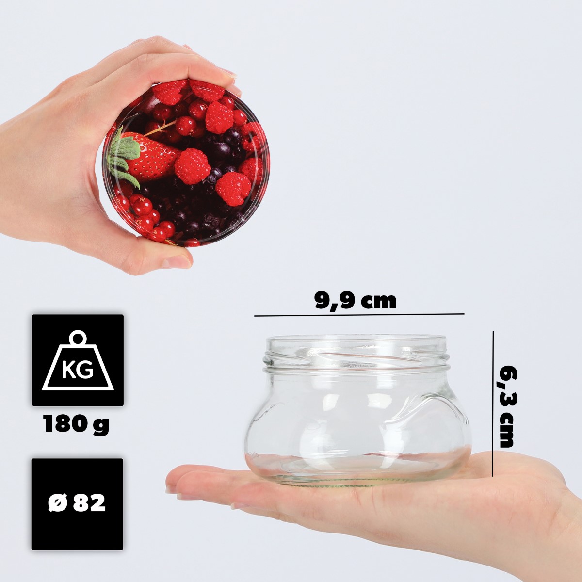 Słoiki na przetwory Raja 300ml 100szt fi 82 mm + wieczka "Owoce leśne"