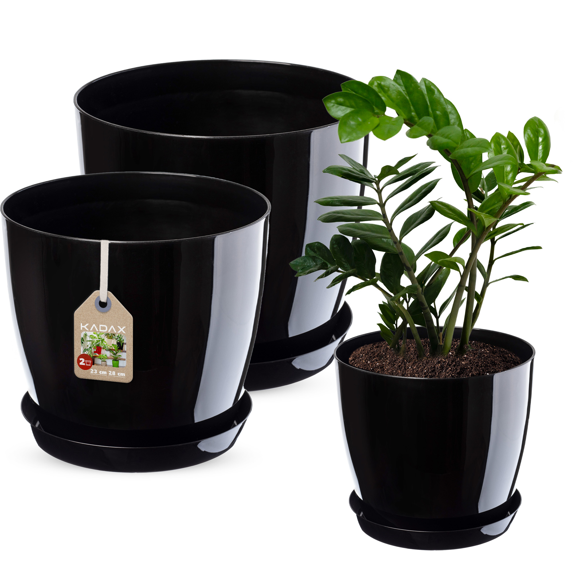 Doniczka na kwiaty z podstawką czarne 23 cm + 28 cm, 2 szt.