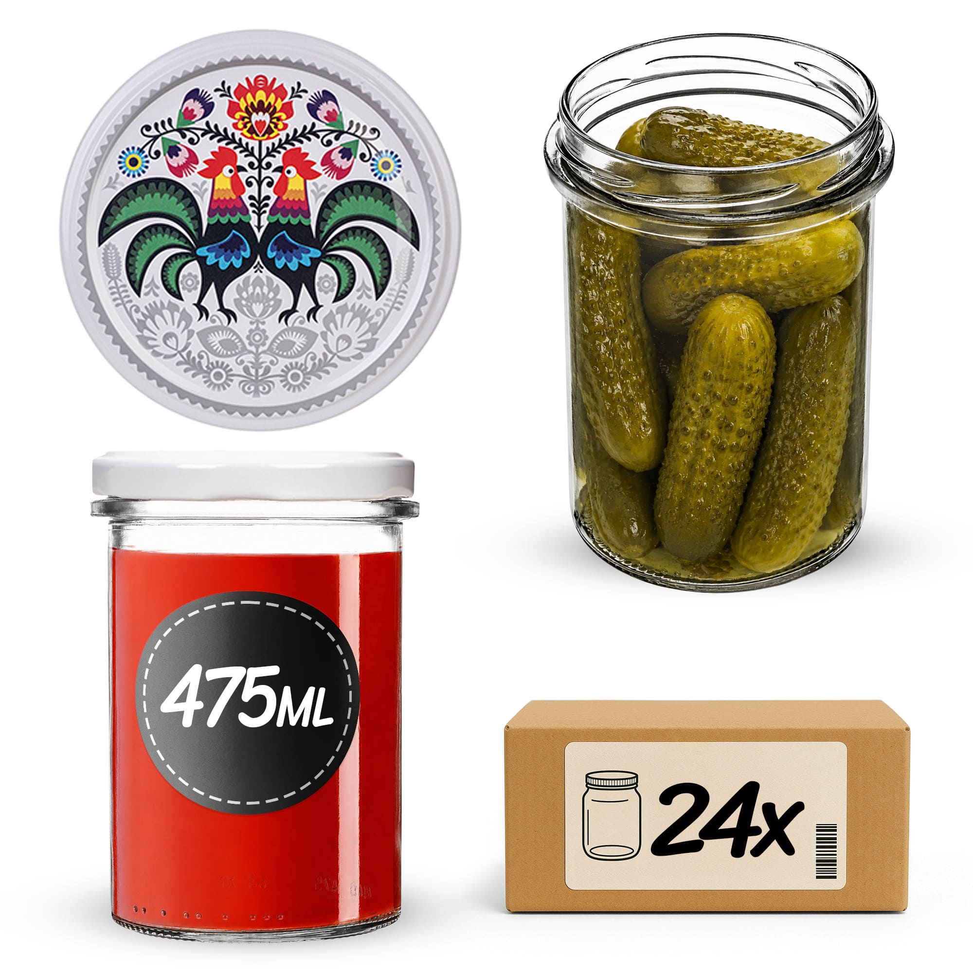 Słoiki na przetwory Befa 475ml 24szt fi 82 mm + wieczka "Kogut"