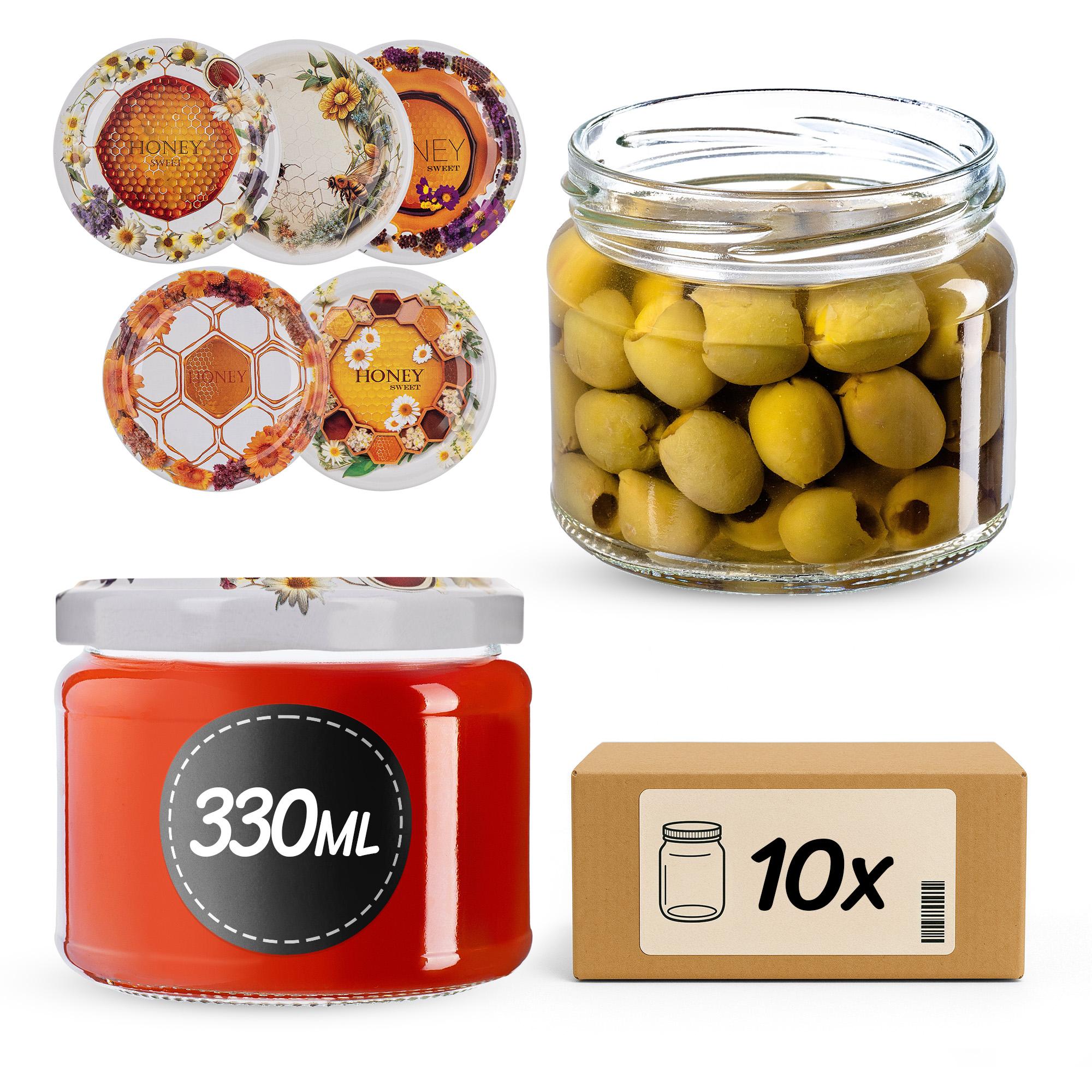 Słoiki na przetwory Sonka 330ml fi 82 mm 10szt + wieczko Miodowy mix