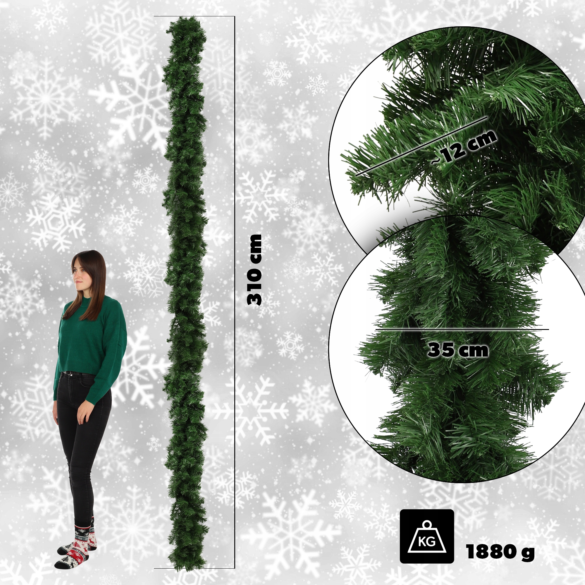 Girlanda świąteczna choinkowa 310cm zielona