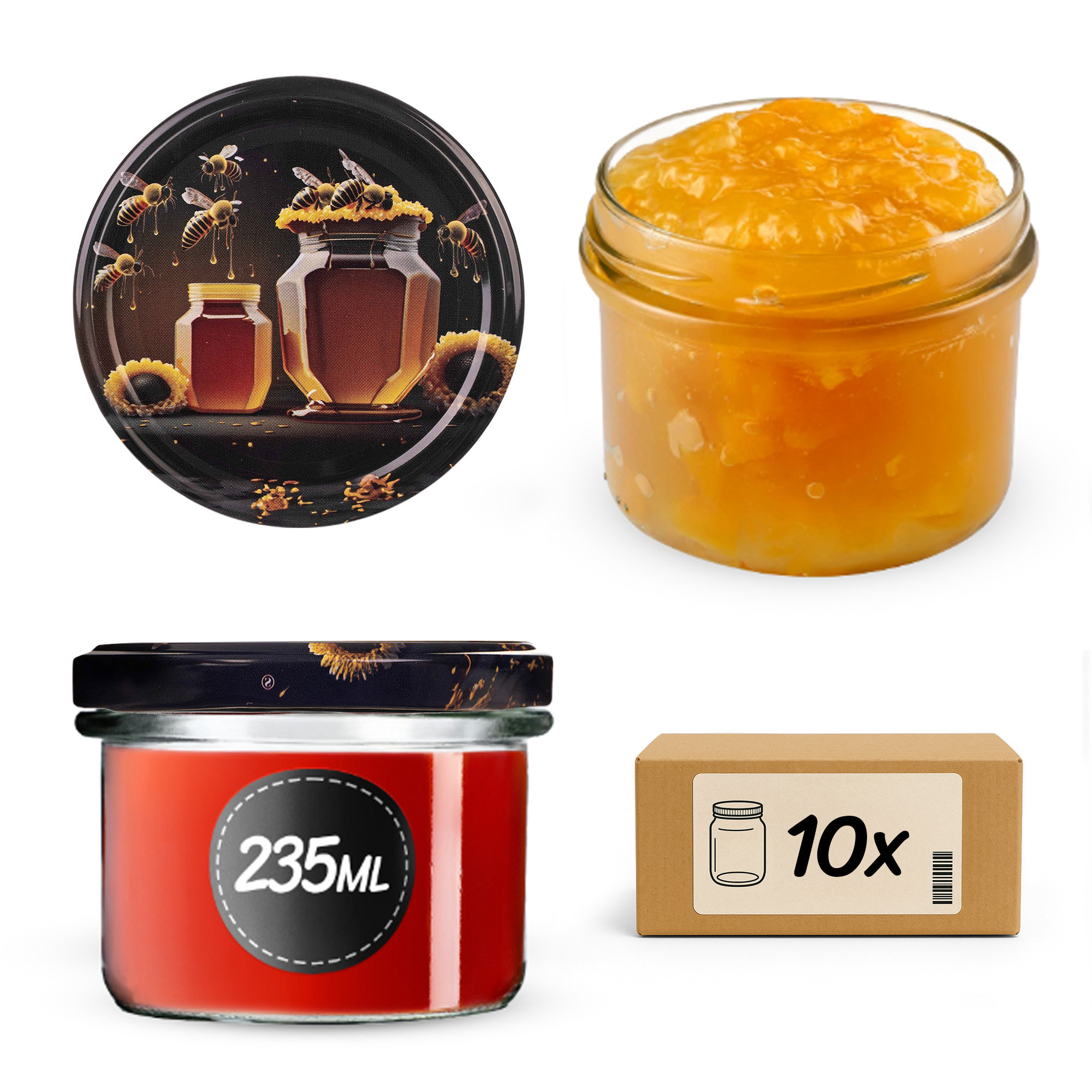 Słoiki na przetwory Tartu 235ml 10szt 82mm + wieczka "Czarny miód"