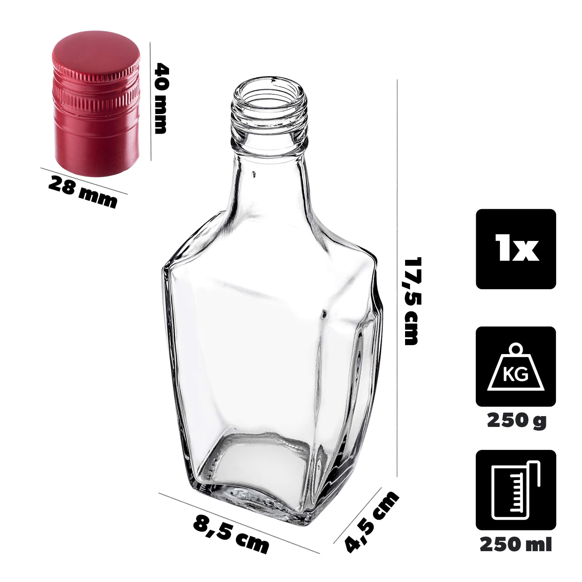 Szklana butelka na nalewkę Faenza 250ml z długą czerwoną zakrętką 1 szt.