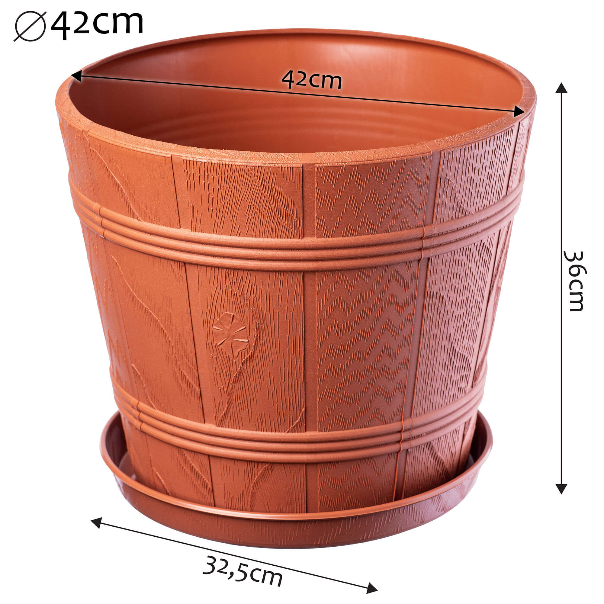 Doniczka drewnopodobna z podstawką Pula 42 cm, terakota