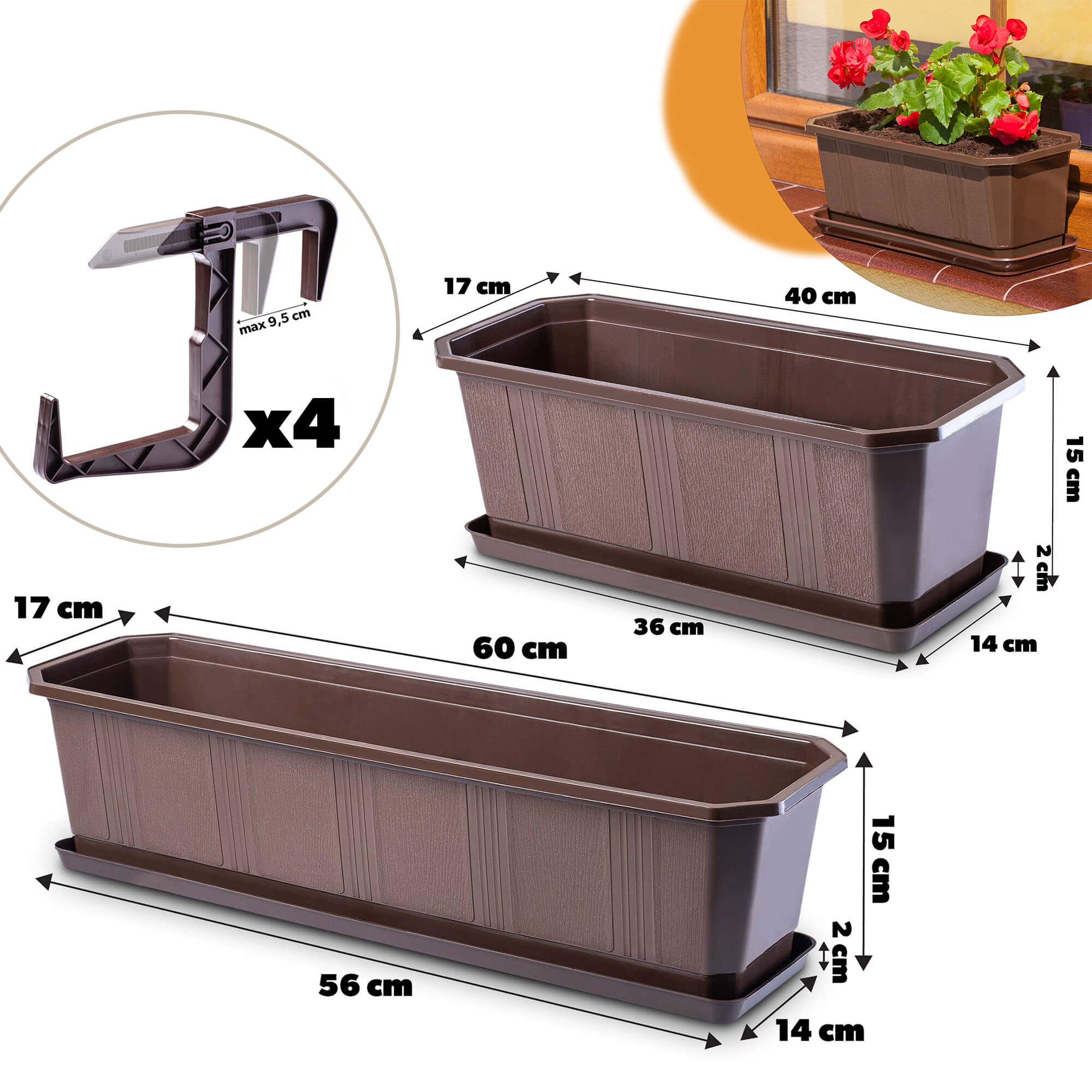 Doniczka balkonowa z uchwytami Oste 40 cm + 60 cm, brązowa