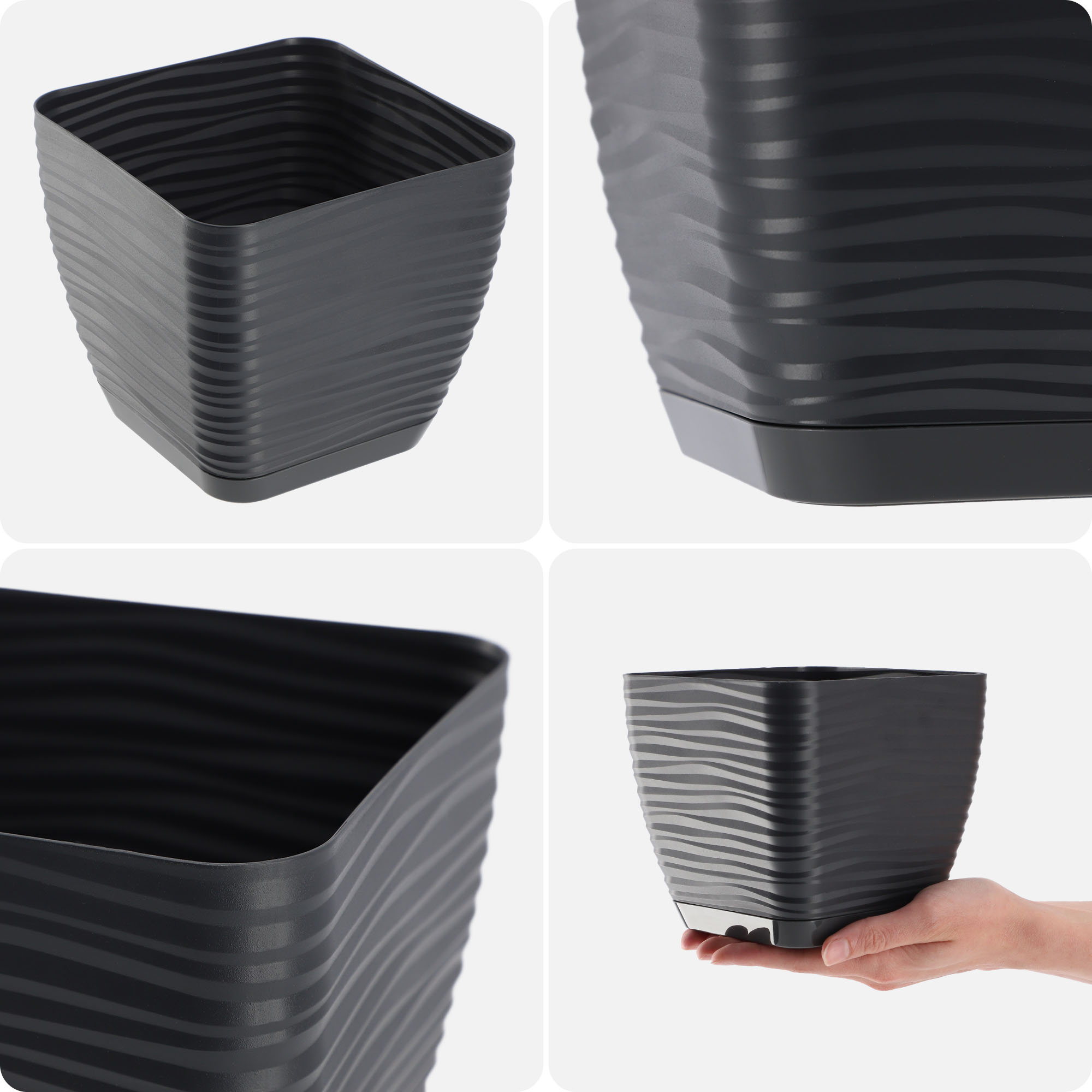 Doniczka kwadratowa z podstawką 15 cm, antracyt