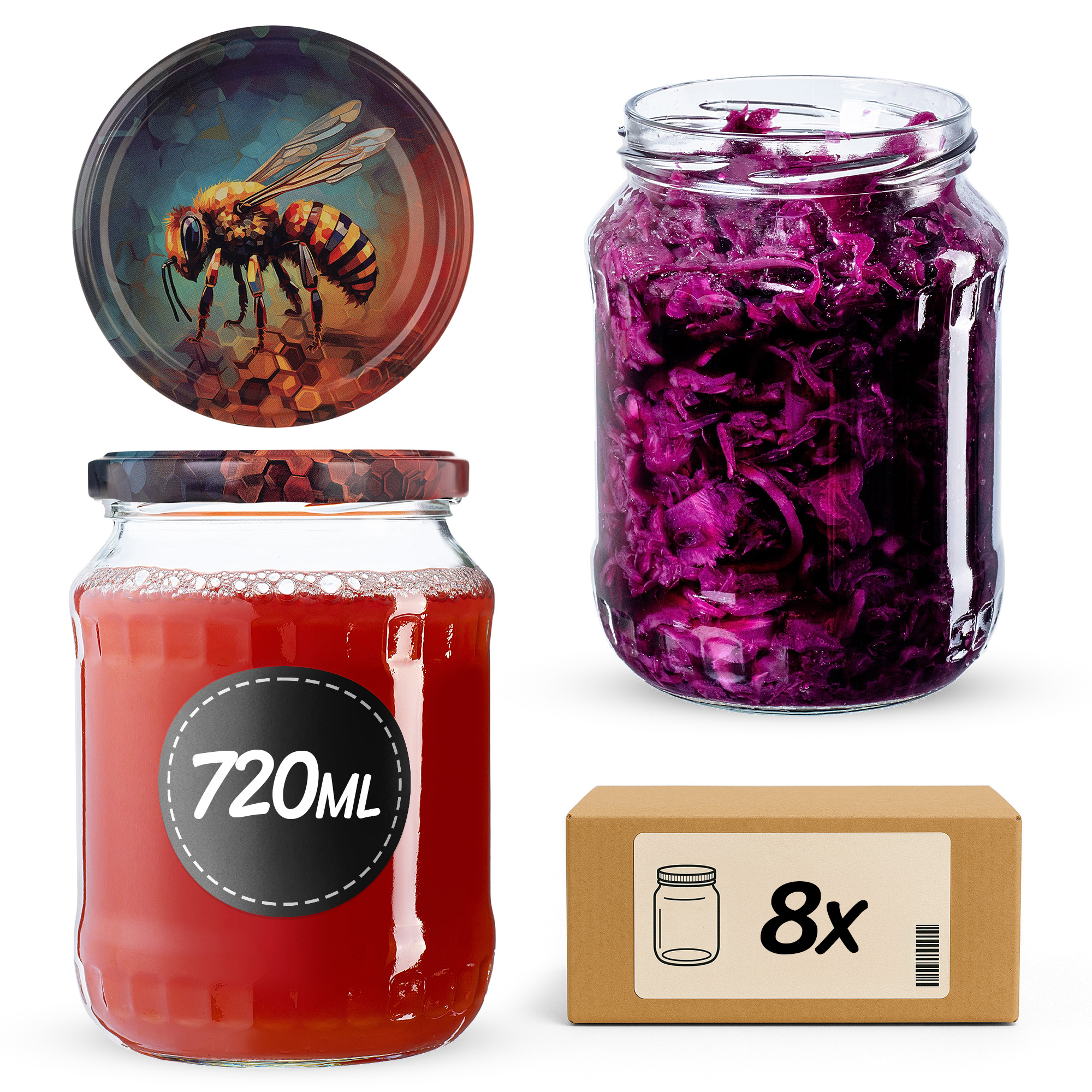 Słoiki na przetwory Jukka 720ml fi 82 mm 8szt + wieczko Pszczoła