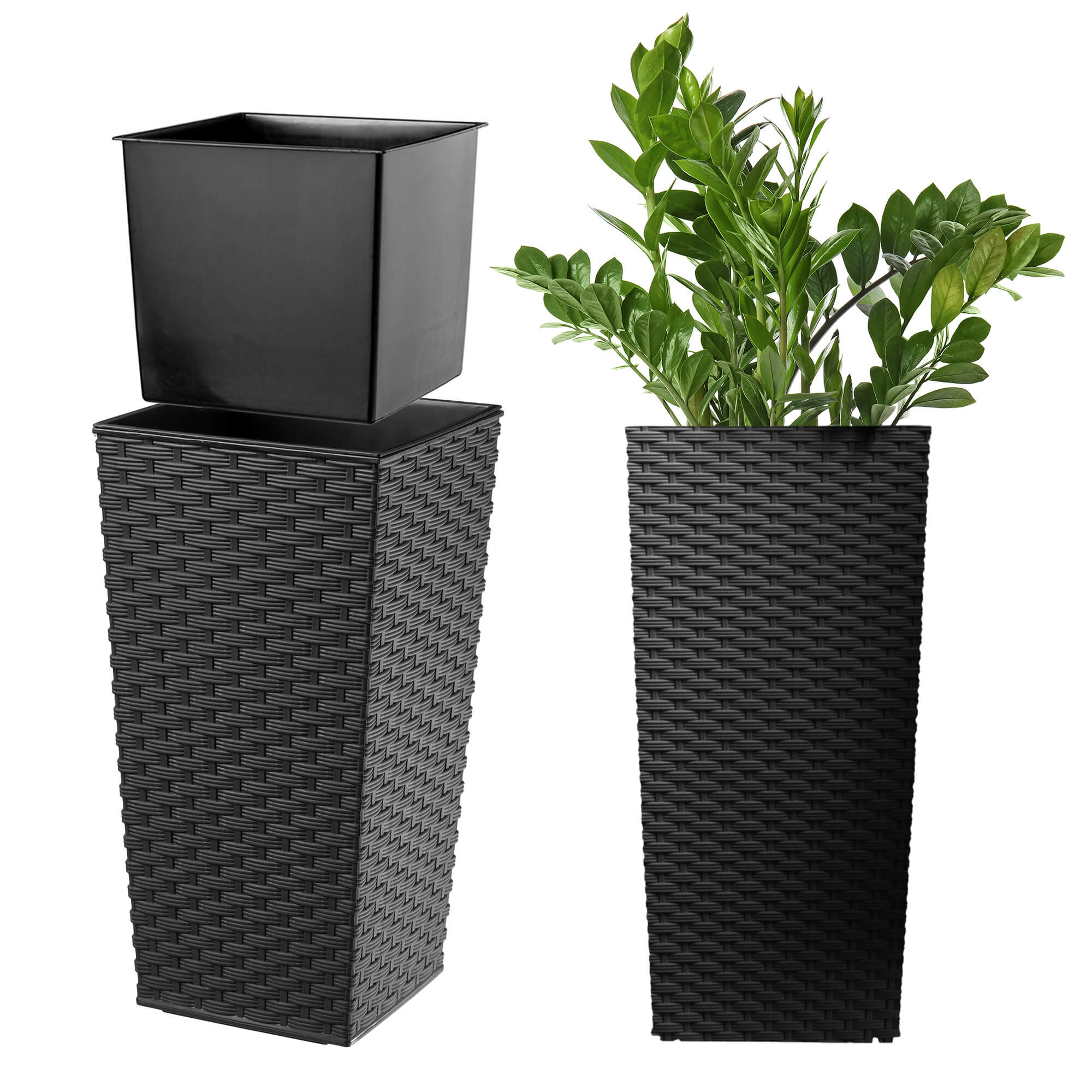 Donica na kwiaty z wkładem rattan Pesaro 19 cm, czarna