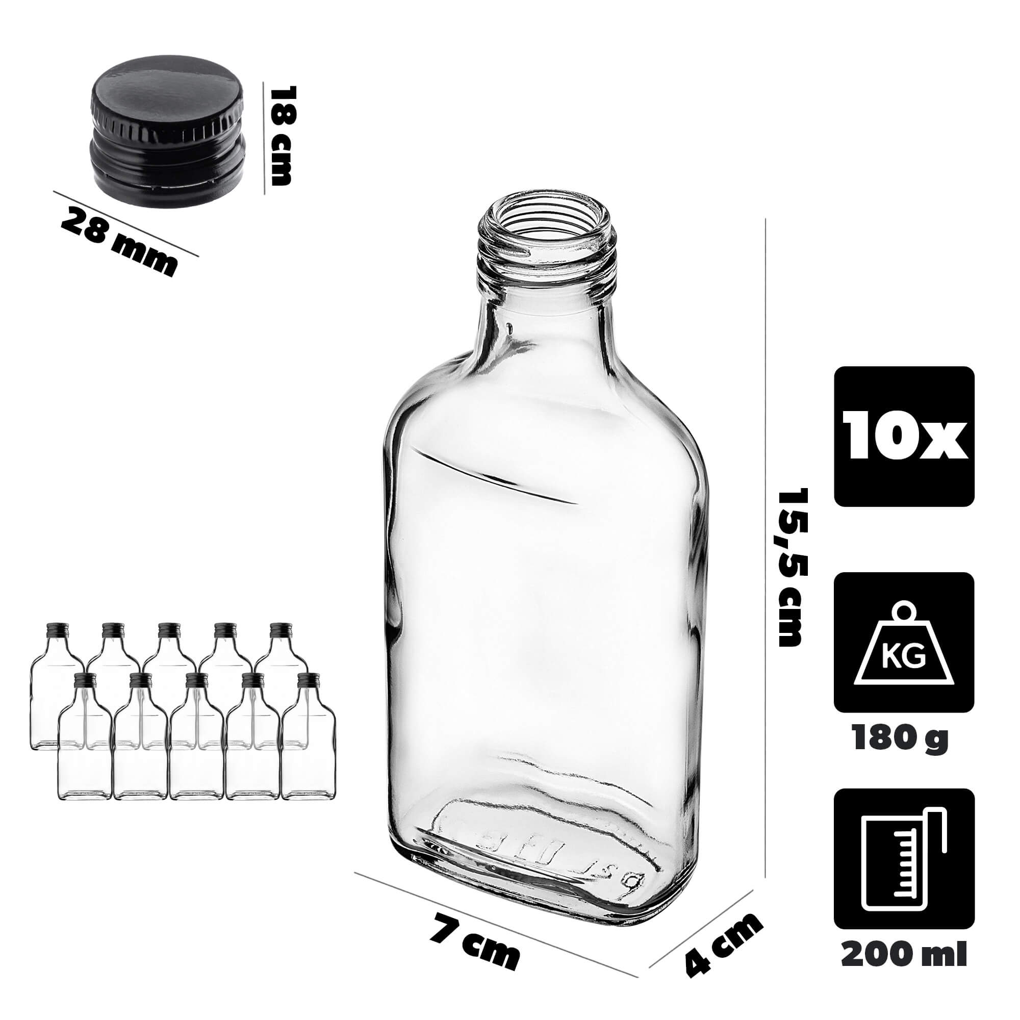 Butelka piersiówka Viane 200ml z czarną zakrętką 10 szt.