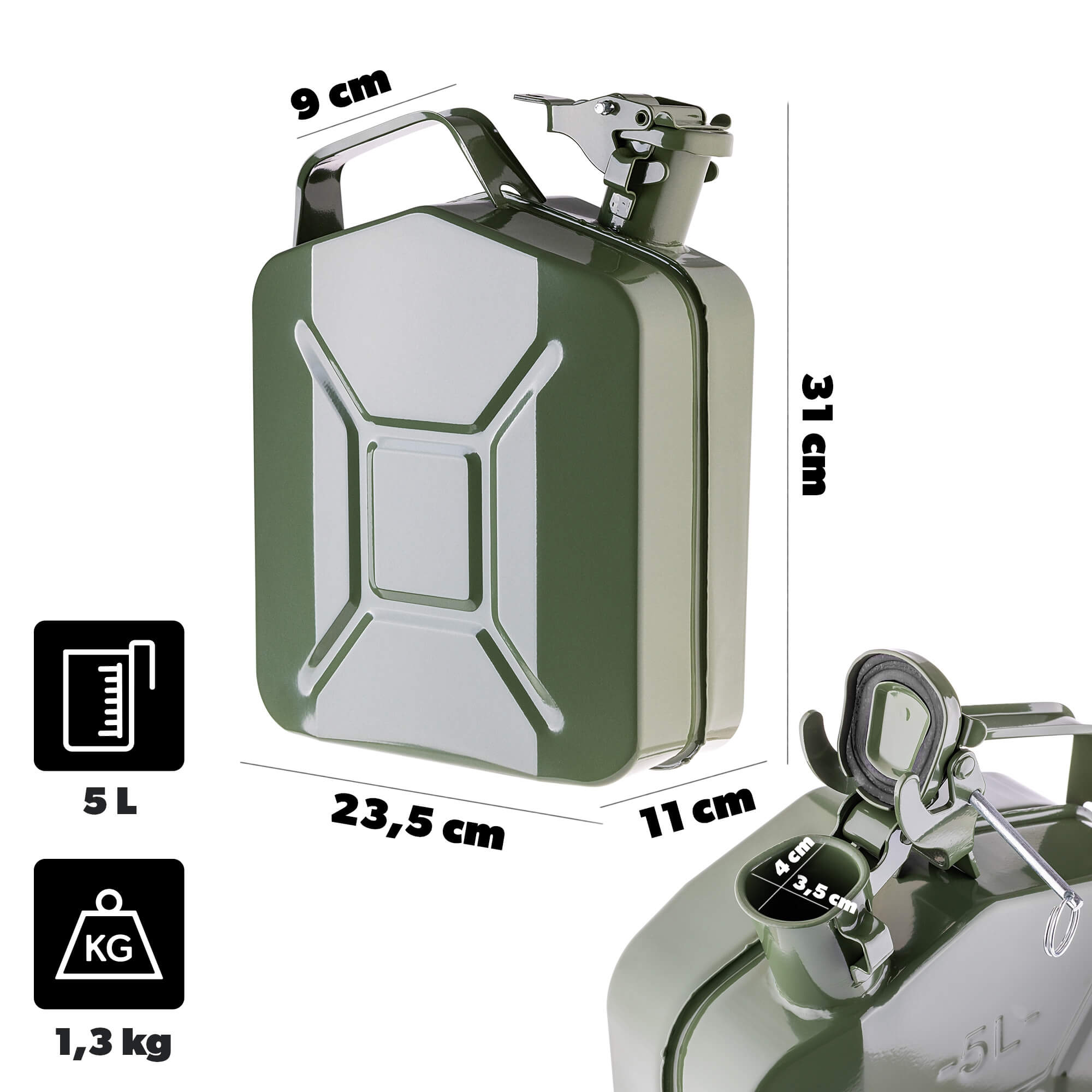 Kanister na paliwo stalowy 5L + lejek 25 cm, zielony