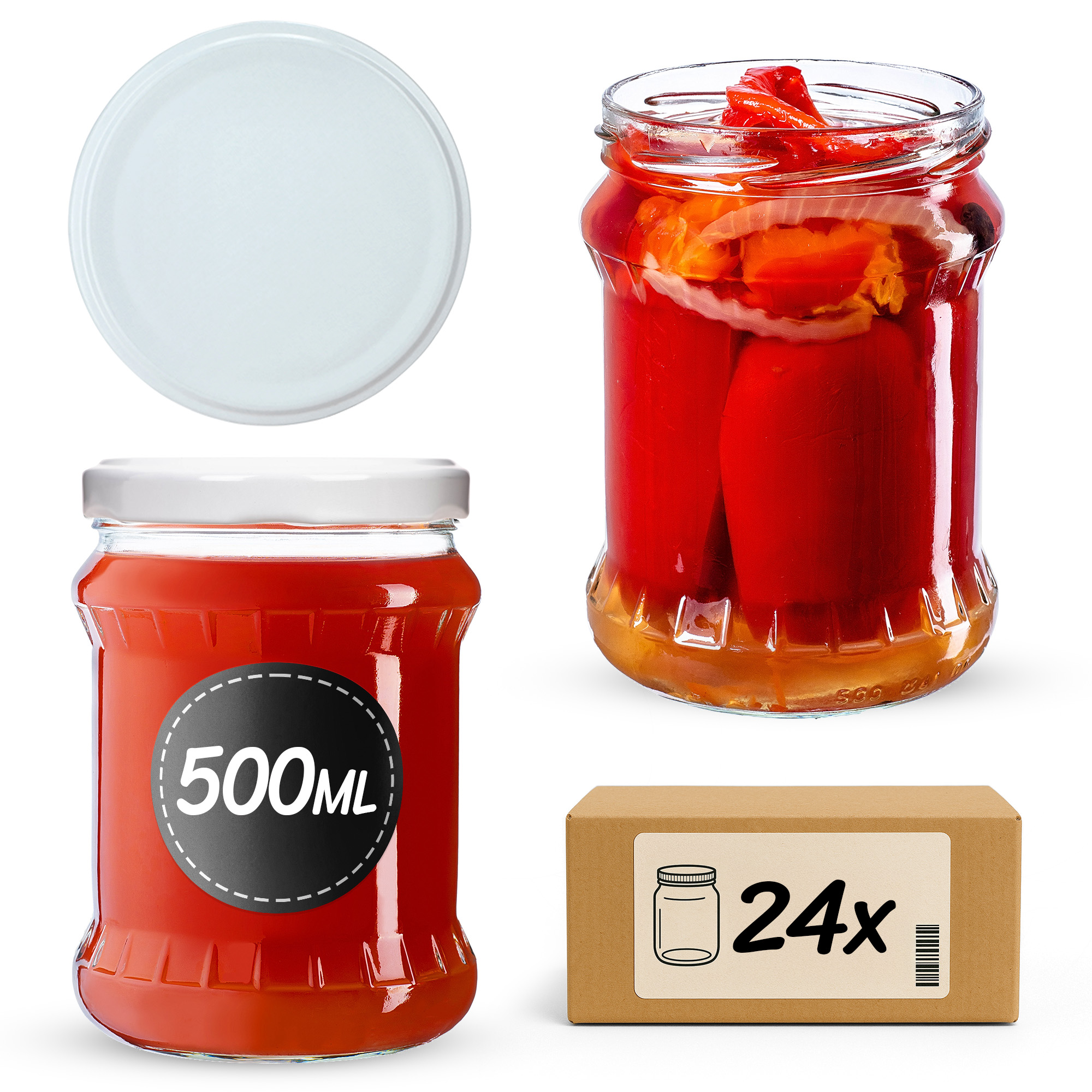 Słoiki na przetwory Kisko 500ml 24szt fi 82 mm + wieczka białe