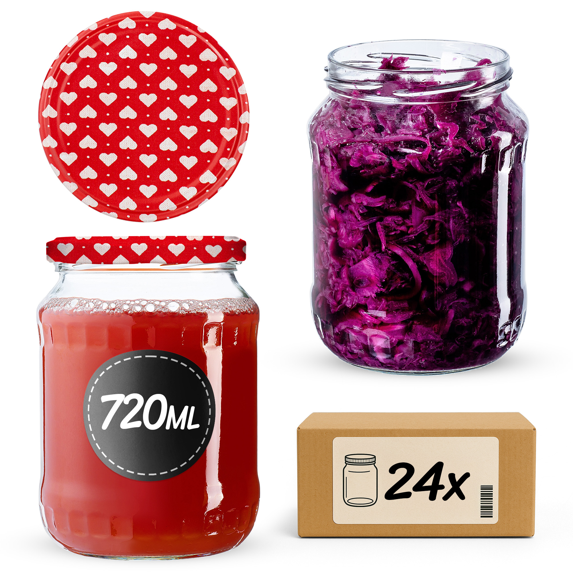 Słoiki na przetwory Jukka 720ml 24szt fi 82 mm + wieczka "Serca"