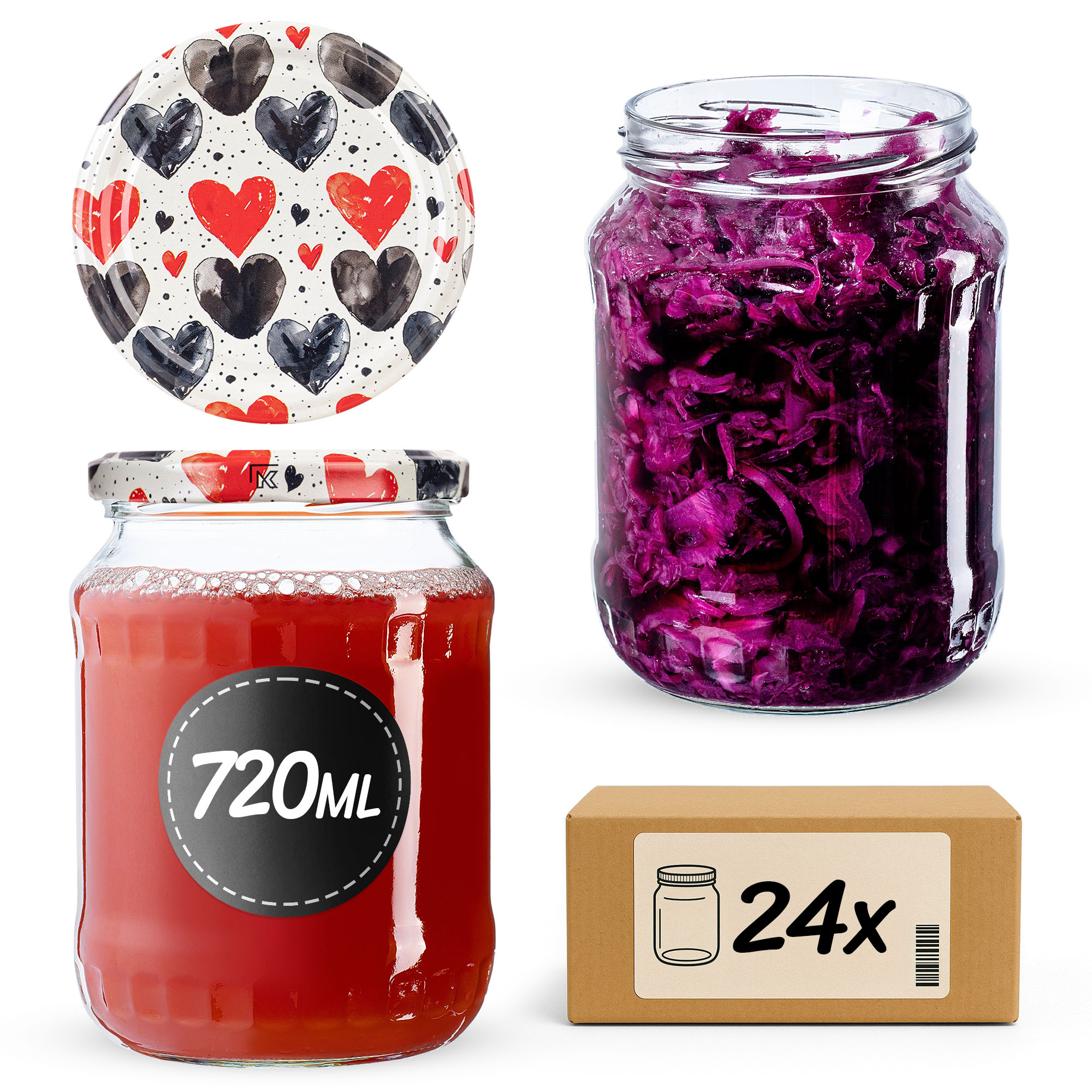 Słoiki na przetwory Jukka 720ml fi 82 mm 24szt + wieczko Serca