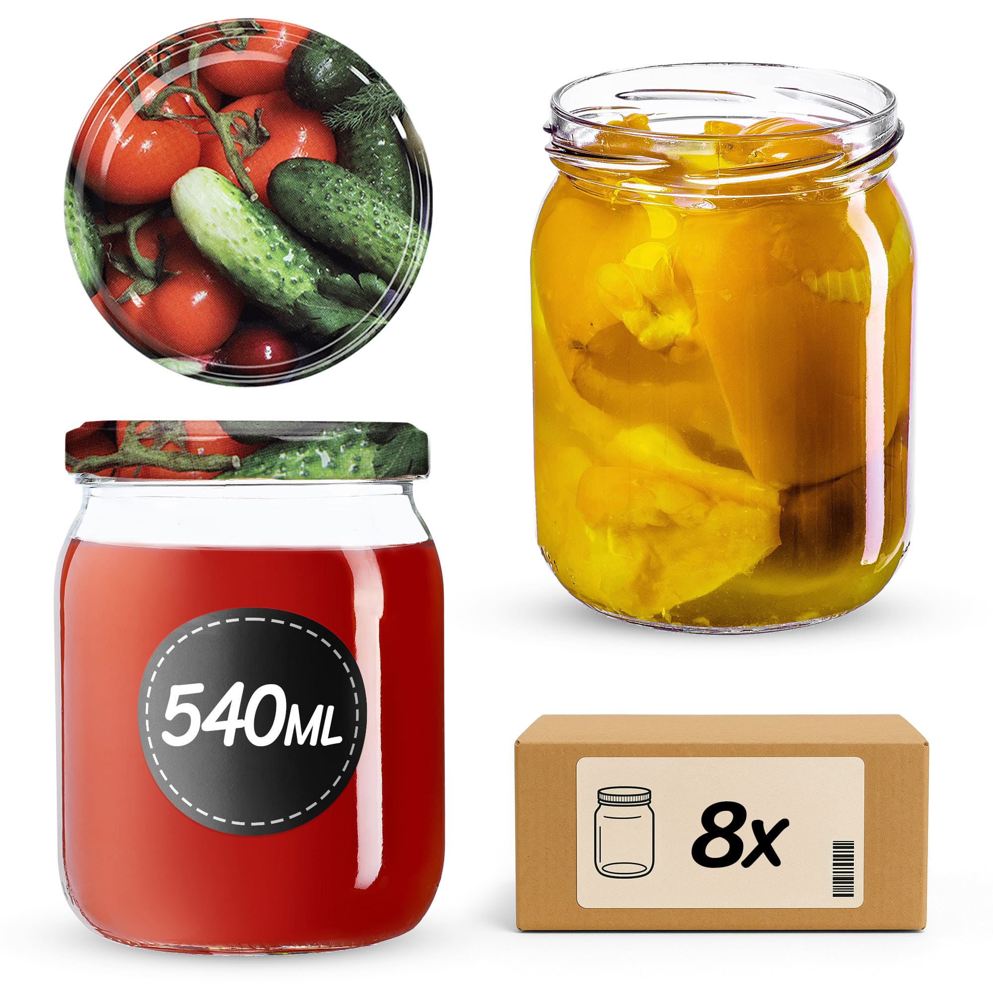 Słoiki Senna 540ml 8szt fi 82 mm + wieczka "Warzywa"