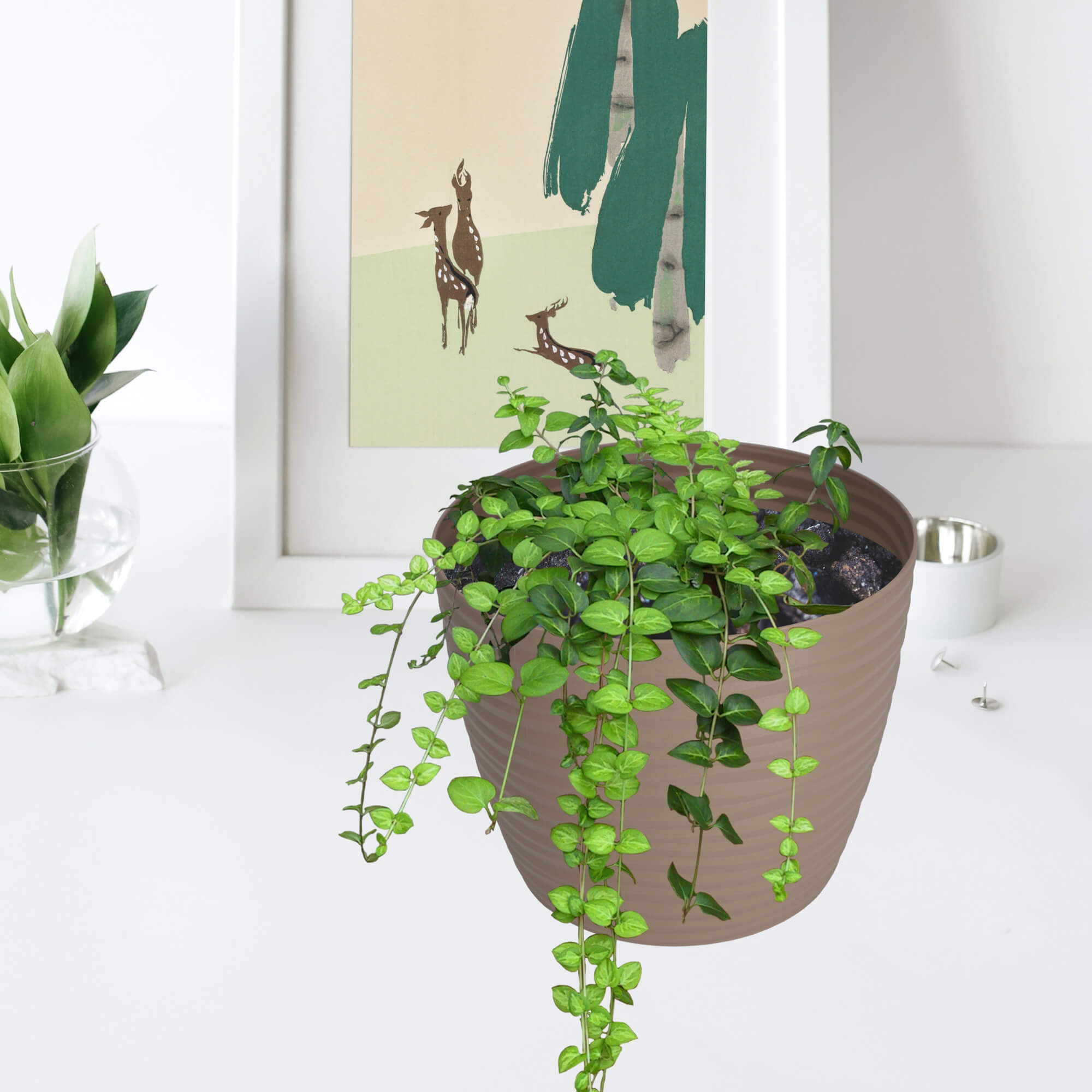 Doniczka na kwiaty okrągła z podstawką 13 cm, beżowa