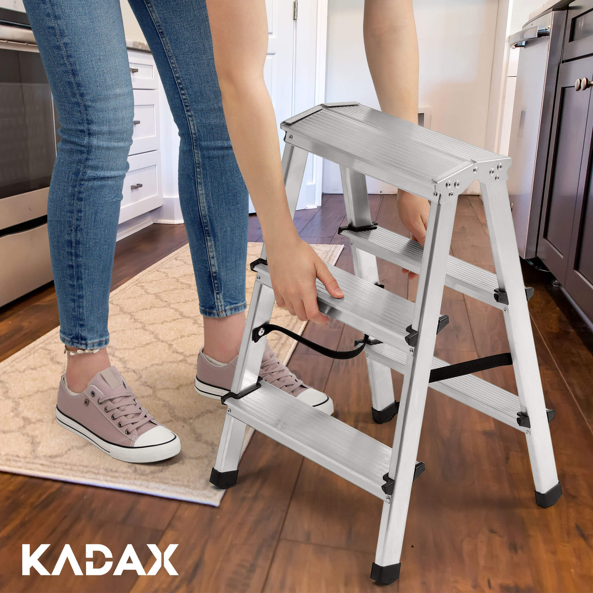 Drabina aluminiowa z podestem Musko, 3 stopnie, 125 kg