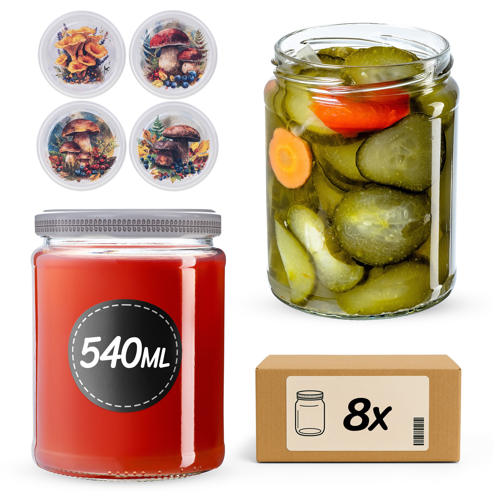 Słoiki na przetwory Maki 540ml fi 82 mm 8szt + wieczko Grzyb akwarela