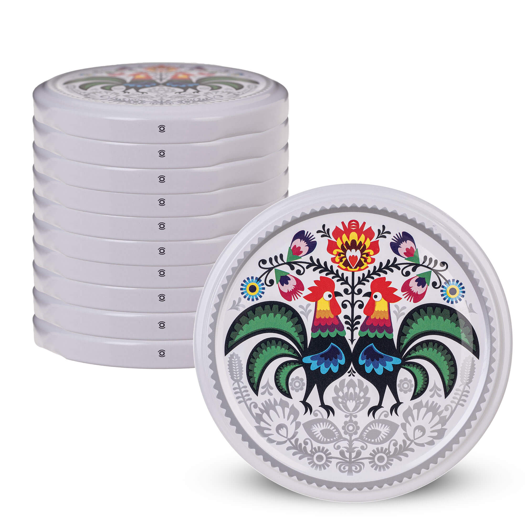 Metalowe wieczka do słoików Virbo 10szt fi 82 mm "Folklor z kogutem"