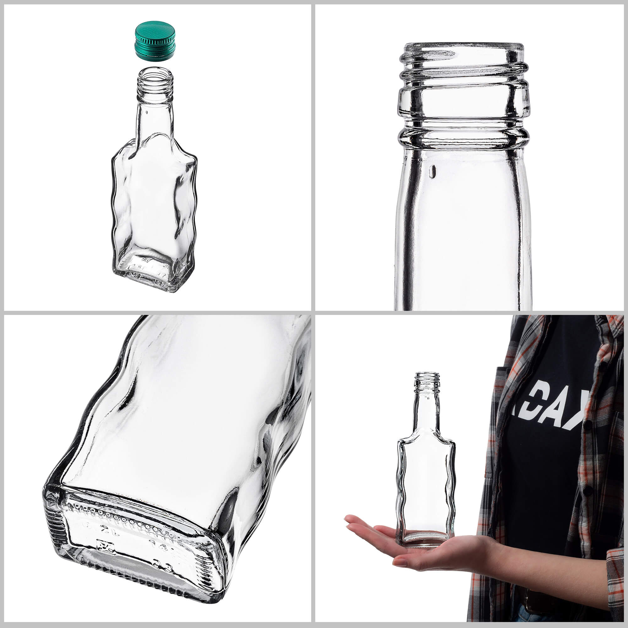 Szklana butelka na nalewkę Fala 200ml z zieloną zakrętką 10 szt.
